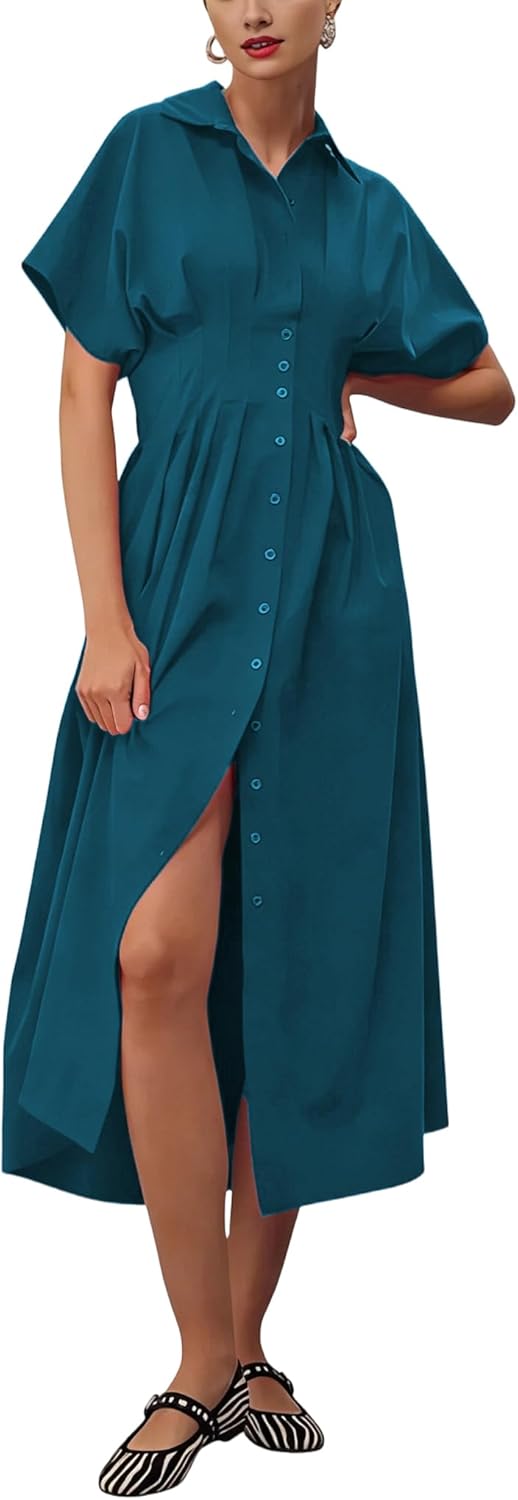 Thumbnail 6 de Yeokou Shirt Dress for Women: Summer Casual Pleated Maxi with Pockets