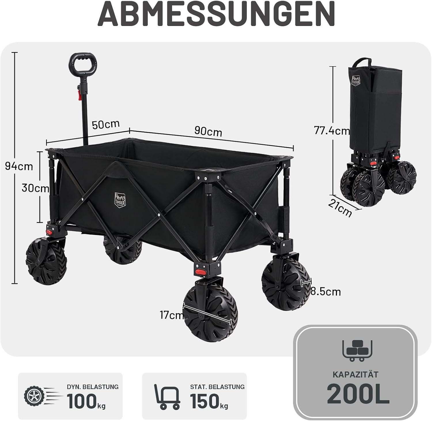 Detalle de TIMBER RIDGE XXL Bollerwagen faltbar 200L – Klappbar, Bremsen, Getränkehalter und große Geländereifen