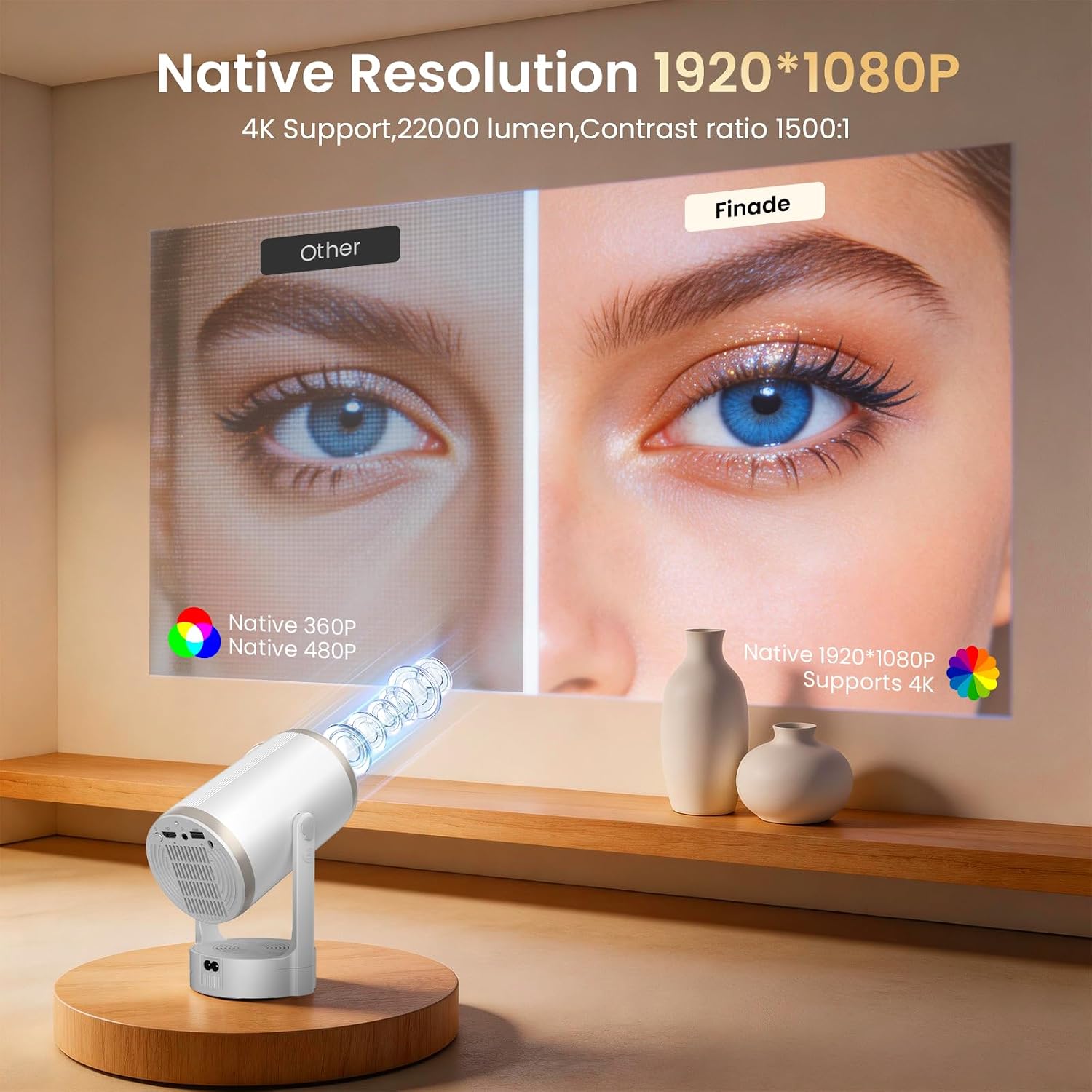 Thumbnail 2 de Mini Projector HD 1080P with 4K Support, Auto Focus, 180° Rotatable, 22000 Lumen (260 ANSI), WiFi 6 & Bluetooth 5.4 — Android 12.0, 30–200" Theatres for Match Gaming, Bedroom and Outdoor