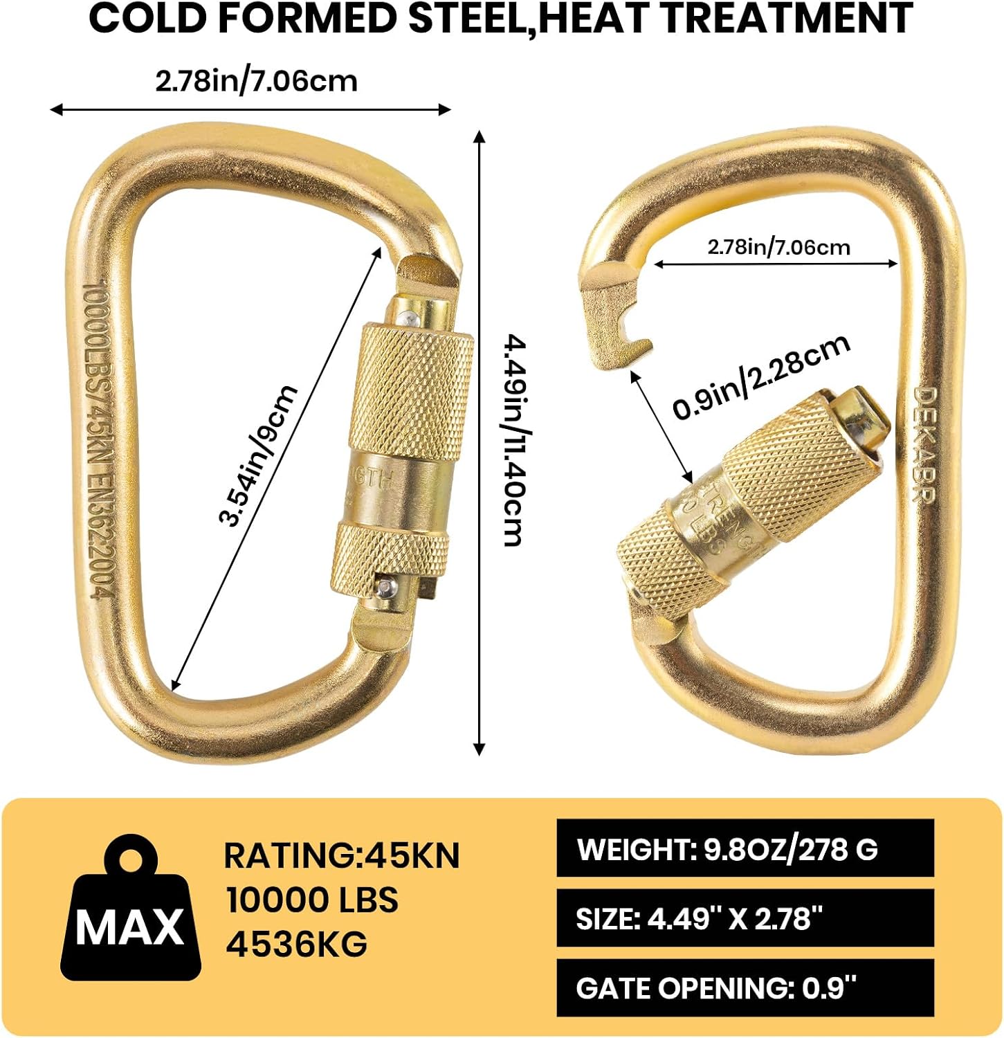 Detalle 2 de DEKABR Heavy-Duty Climbing Carabiners, 45 kN Twist-Lock, Gold, 5-Pack