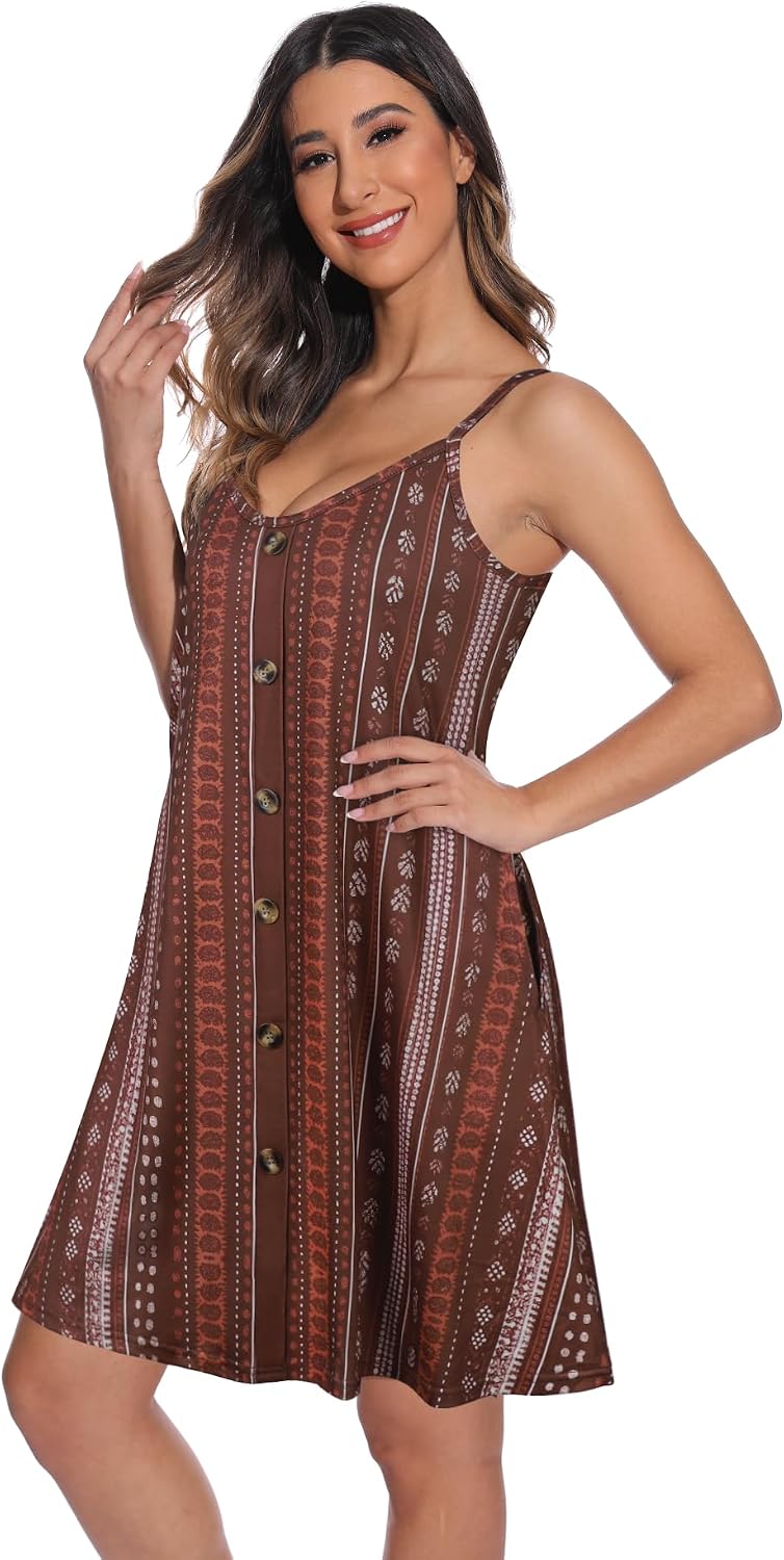 Detalle de ADOREJOY Women's Spaghetti-Strap Sundress with Buttons, Pockets and V-Neck