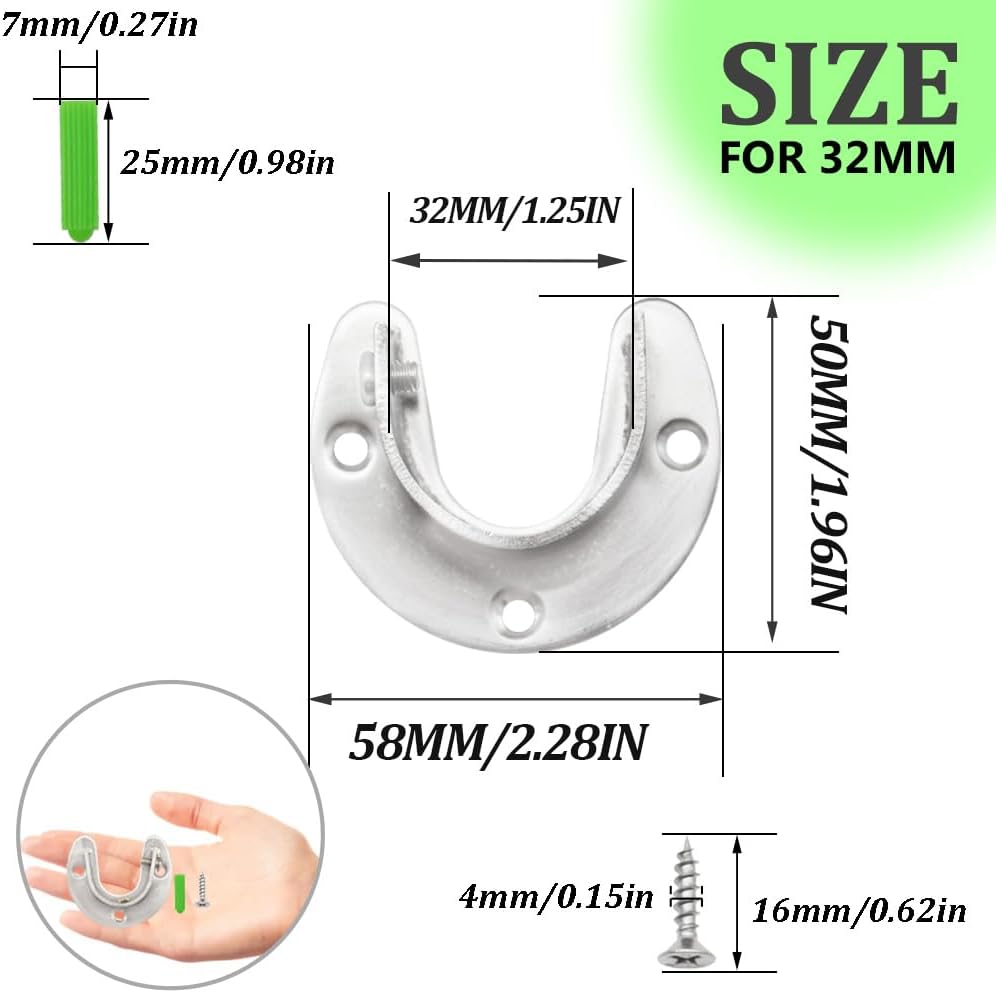 Thumbnail 1 de CEEYSEE 2er Rundrohr-Halterung U-Form für Kleiderstangen, 32 mm – Edelstahl 304 mit Schrauben & Dübeln