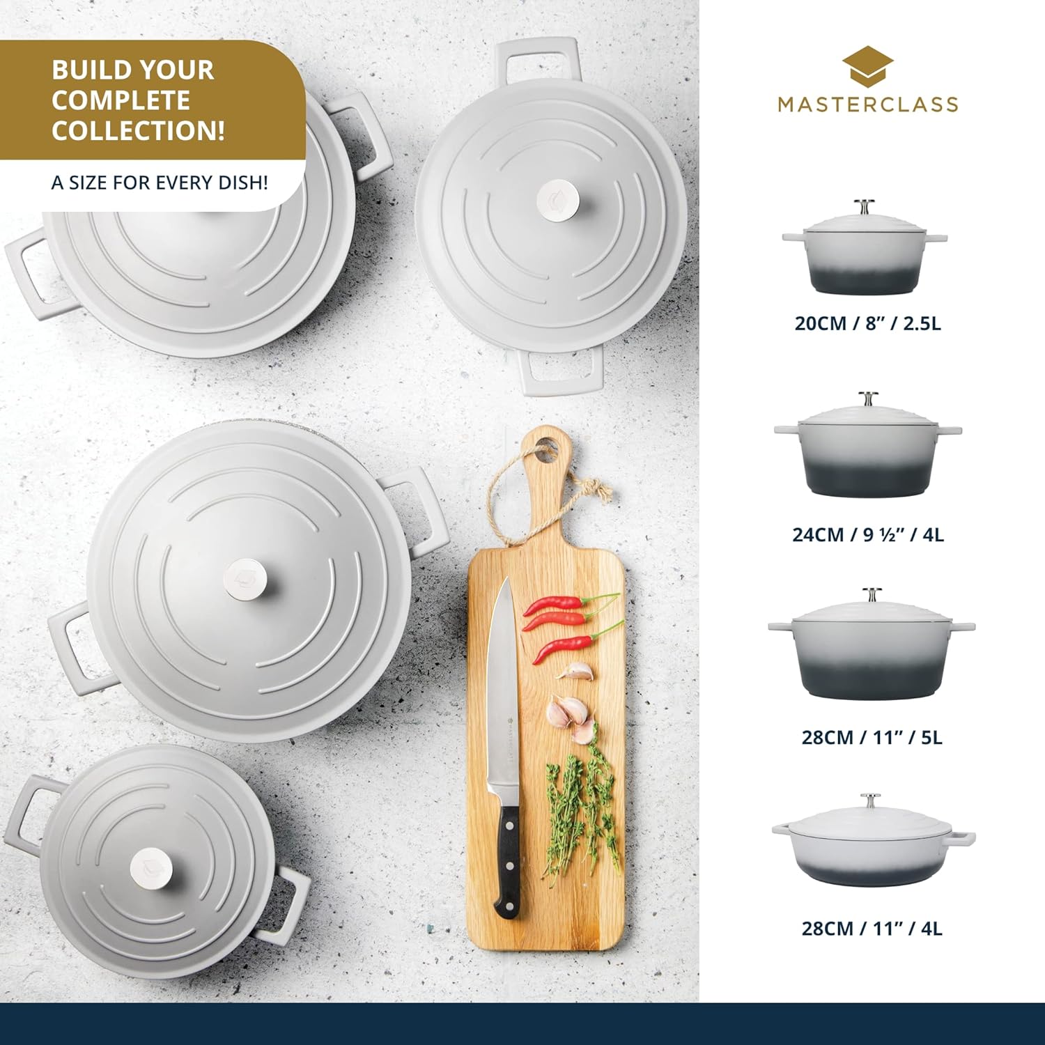 Thumbnail 6 de MasterClass Casserole peu profonde avec couvercle 4L/28 cm en fonte d'aluminium légère – Grey Ombre