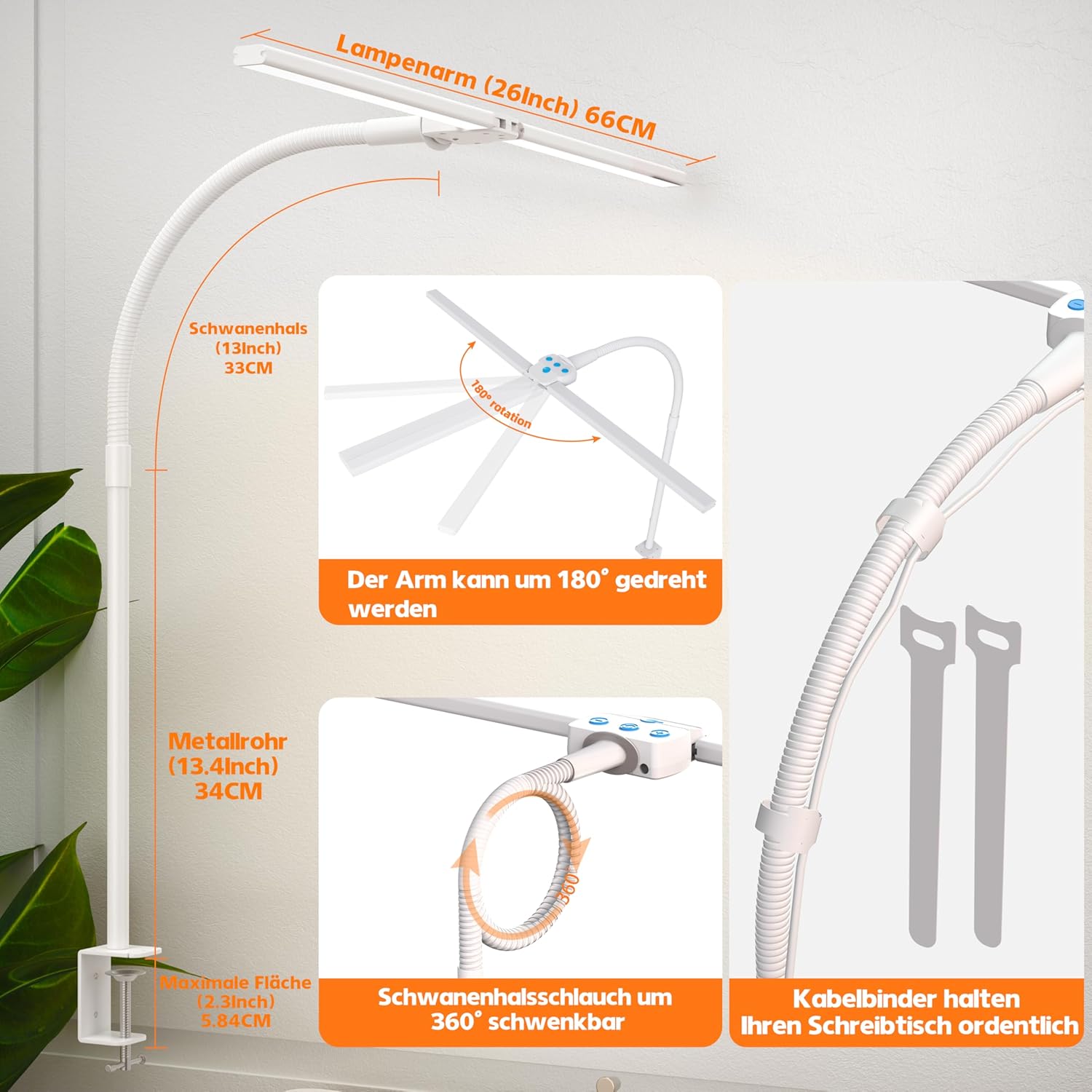 Thumbnail 4 de Doppelkopf Schreibtischlampe LED – dimmbar, 1200 Lumen, 5 Farbtemperaturen und 5 Helligkeitsstufen mit Schwanenhals und Cliphalter