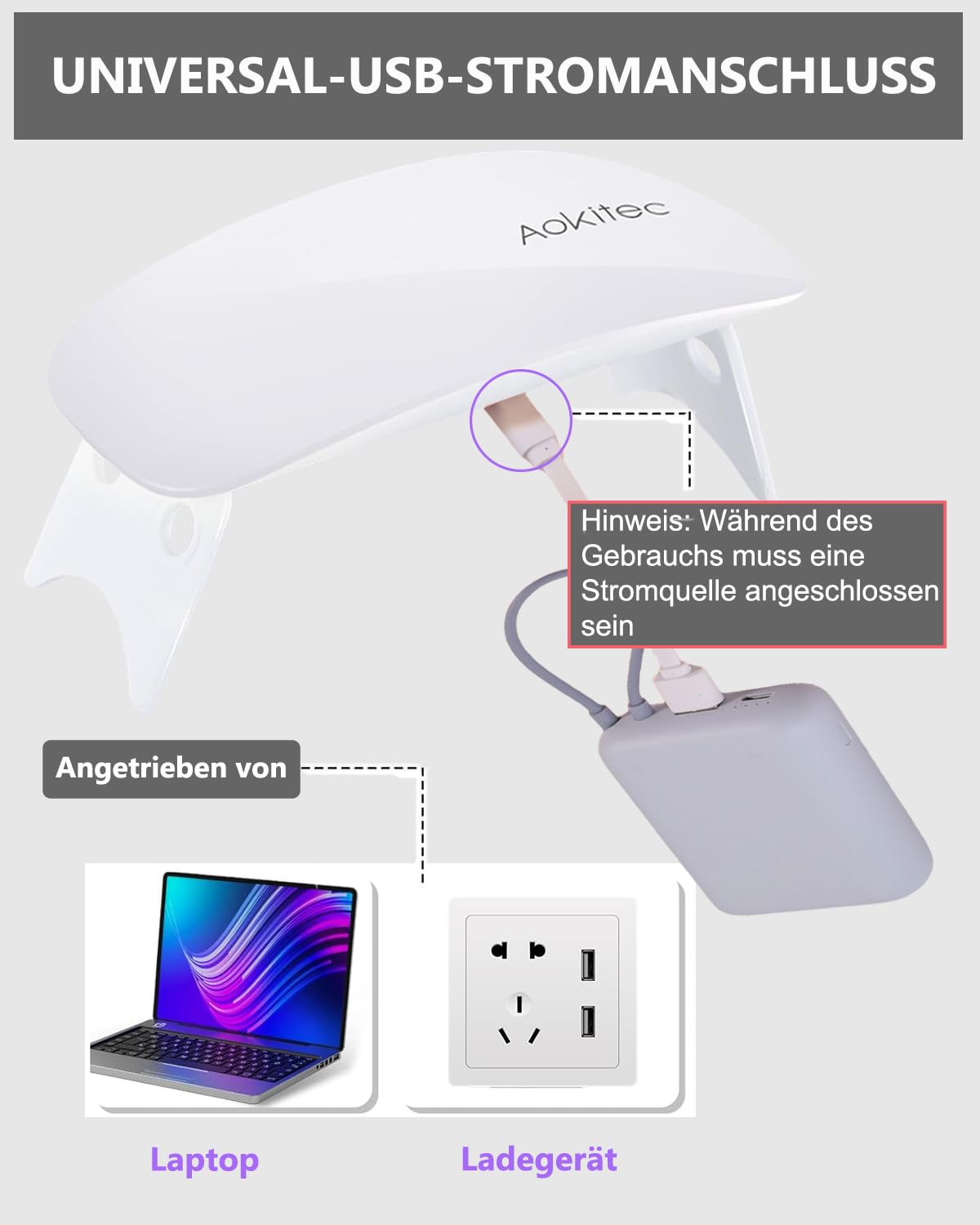 Thumbnail 1 de Aokitec Mini UV LED Nagellampe – kompakte USB-C Nagellampe für Gel-Nägel, weiß