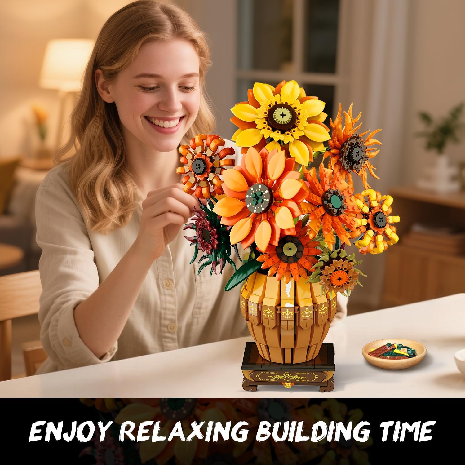 Detalle de PLAXSOON Sonnenblumen Bauspielzeugset mit Licht – 1.180-teiliger Botanical-Strauß (ab 12 Jahren)