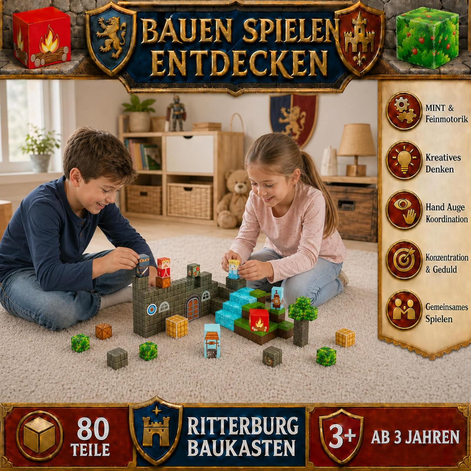 Detalle 2 de Spiele Kontor Hamburg Magnetische Ritterburg-Bausteine – 80 Teile