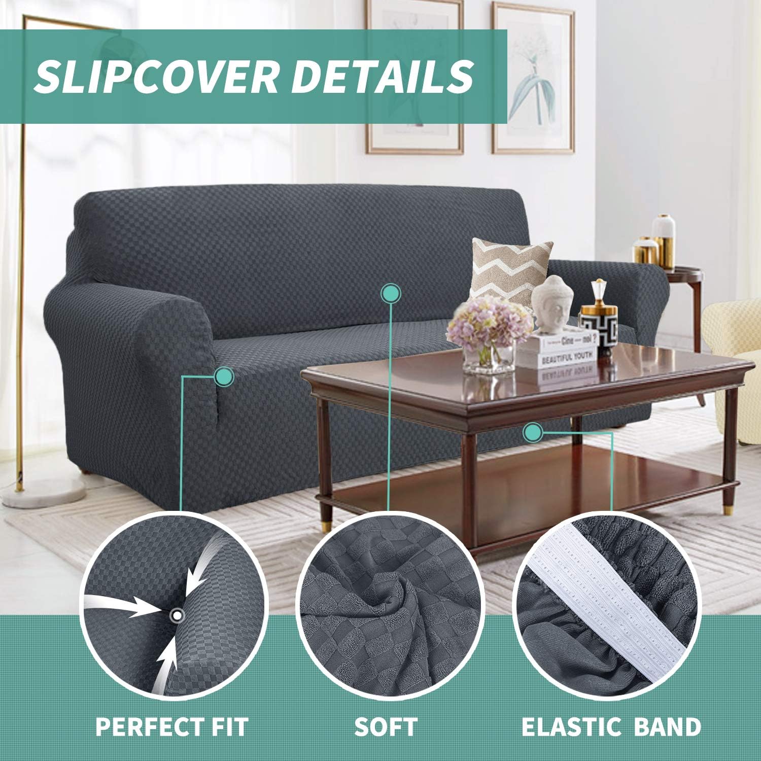 Detalle de YEMYHOM Jacquard Loveseat Cover, High-Stretch Dark Grey Slipcover
