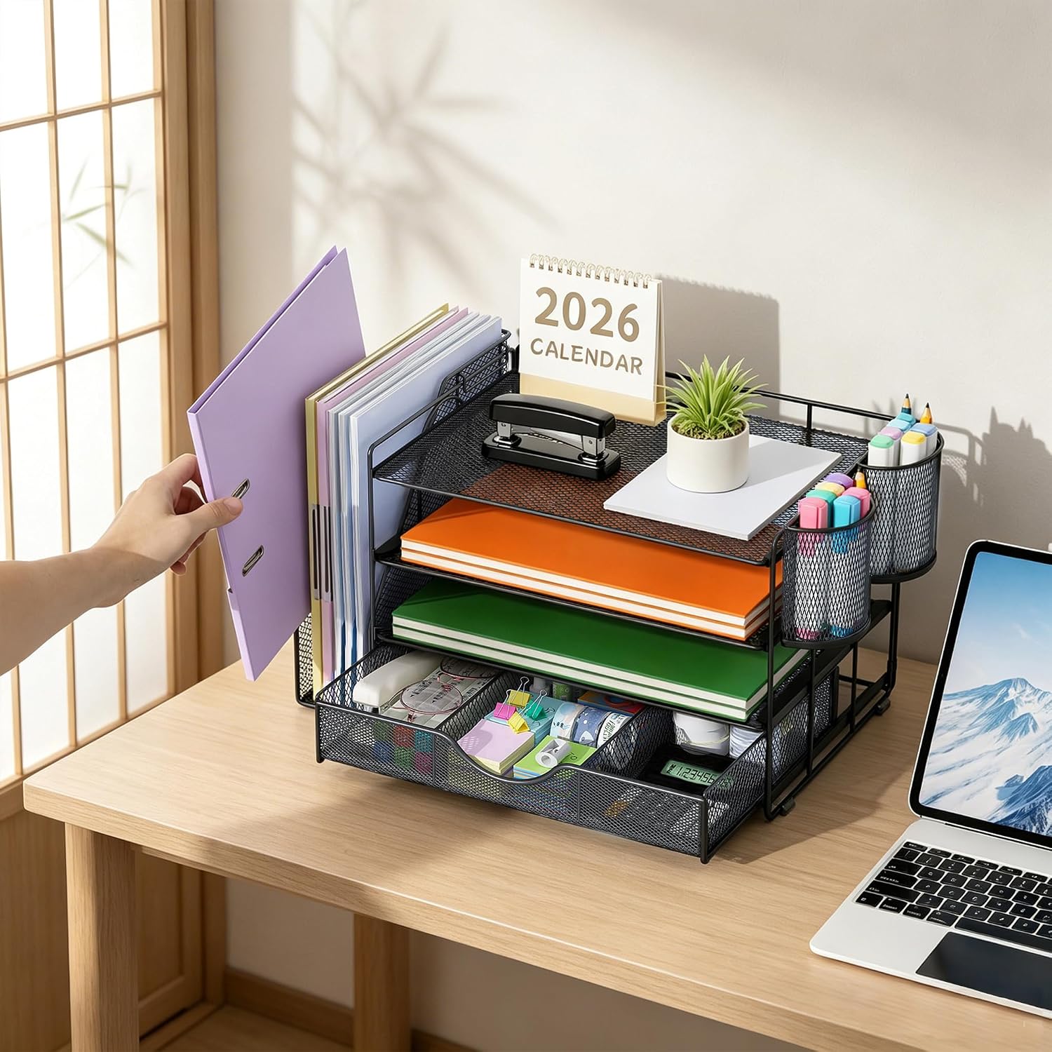 Detalle de Quhombo Desk Organiser with File Holder – 4-Tier Mesh Office Storage (Black)