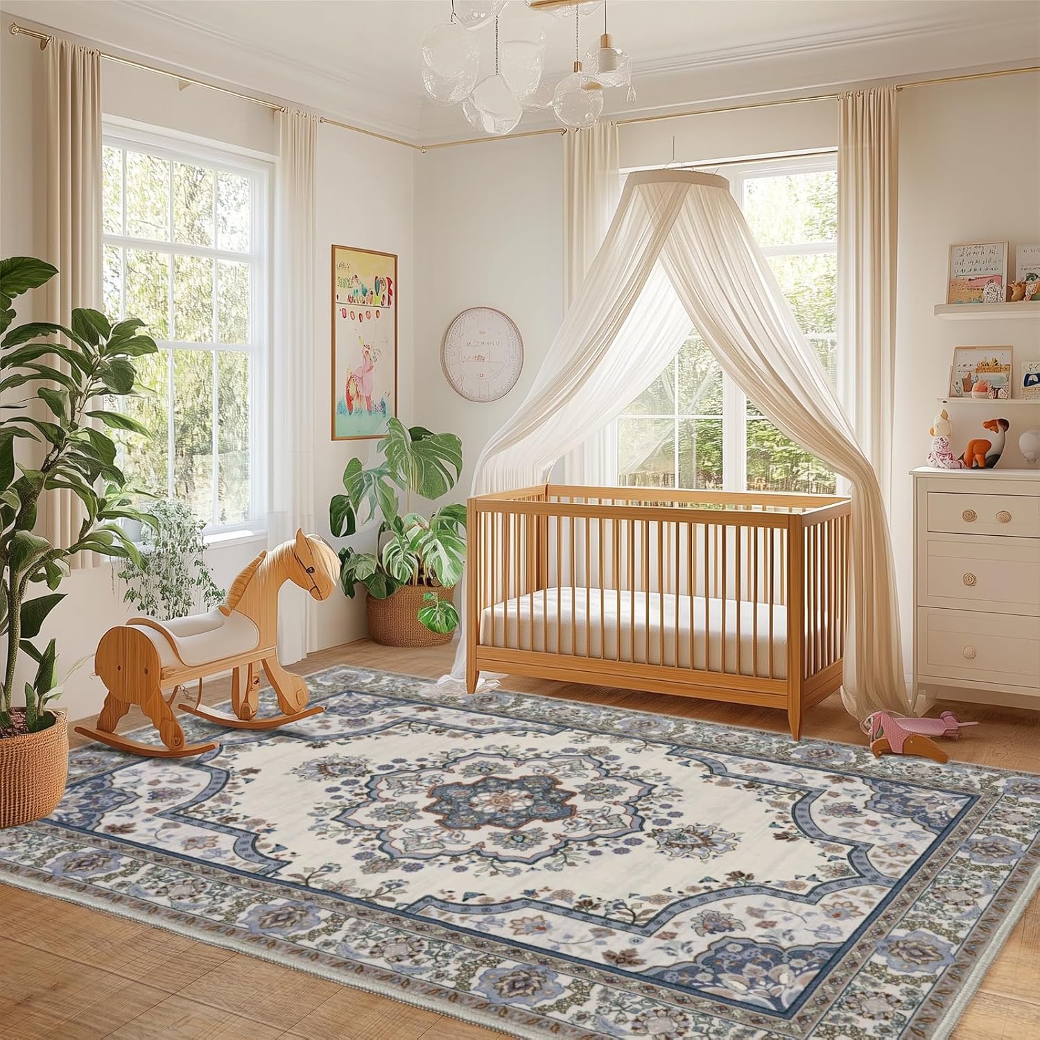 Thumbnail 5 de MAST DOO Teppich Wohnzimmer 140x200 cm – Boho Blumen Kurzflor, Waschbar, Blau-Weiß, rutschfest