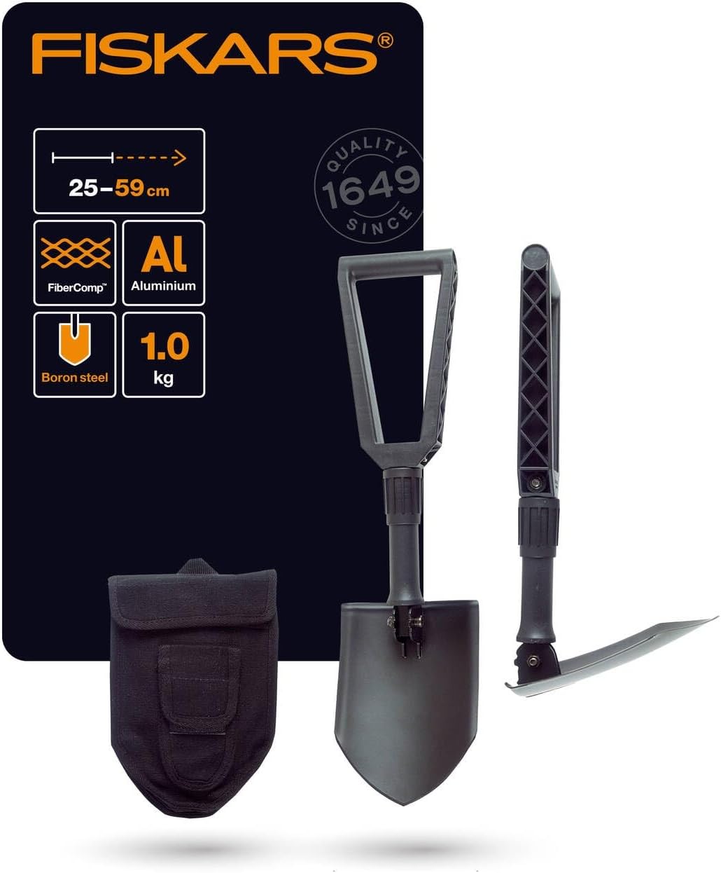 Detalle de Fiskars Klappspaten 59 cm – Multitalentierter Spaten, Hacke oder Schaufel mit Canvas-Tasche