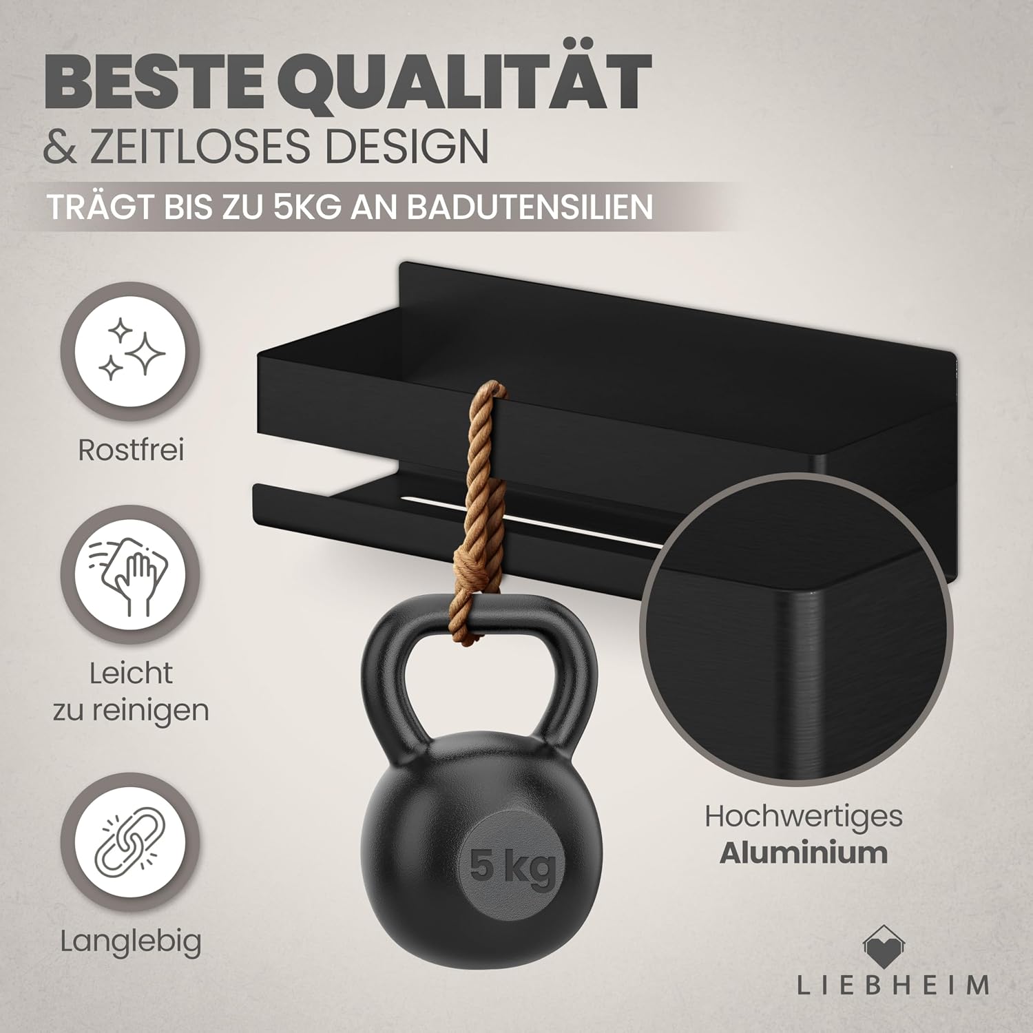 Detalle de LIEBHEIM Duschablage ohne Bohren – modernes Badregal für Dusche, Duschkorb-Organizer (schwarz)