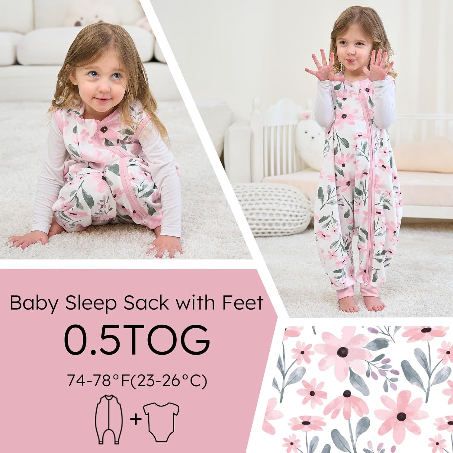 Thumbnail 6 de Yoofoss 2er Pack Baby Schlafsack mit Füßen 0.5 Tog – 100% Baumwolle, Größe 70 cm, rosa Blume