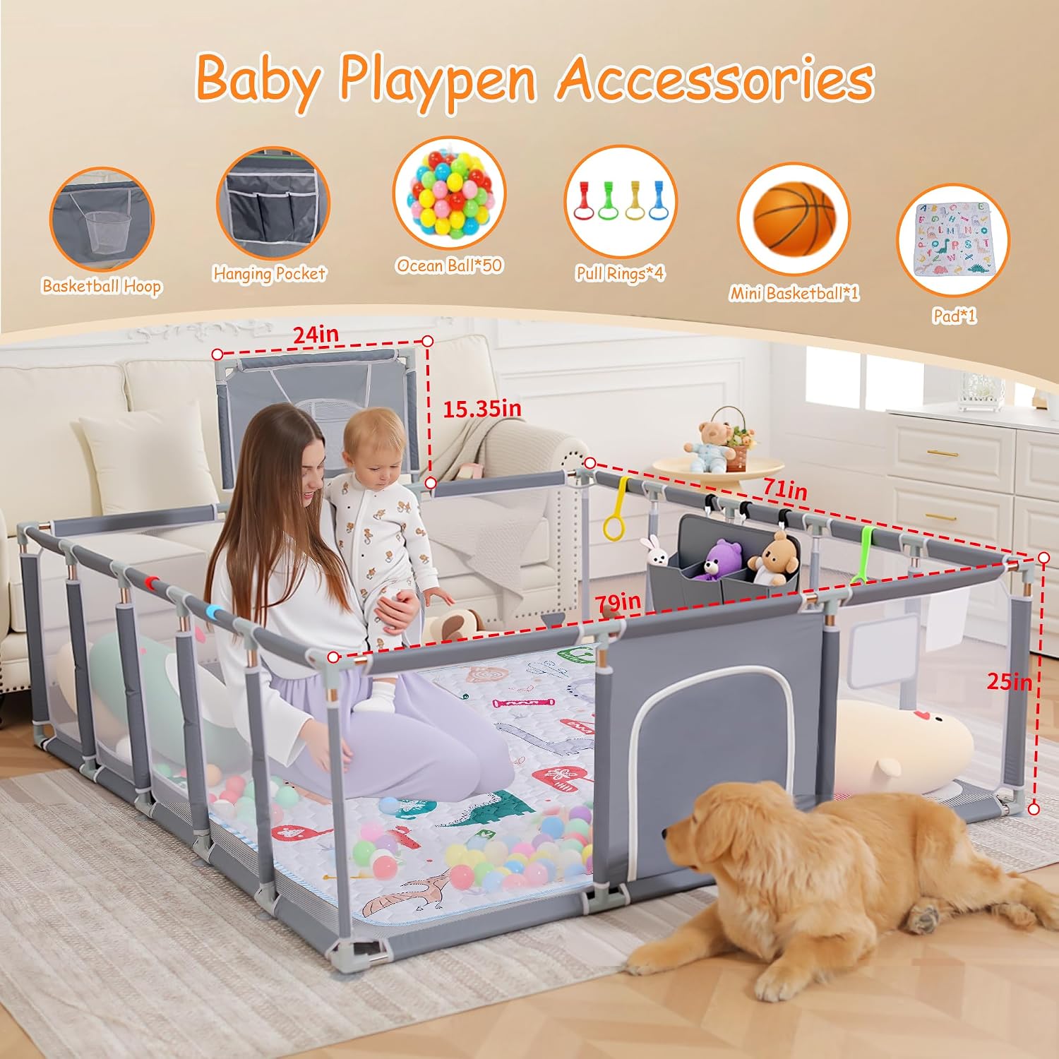 Detalle 2 de Clocly 79" x 71" Baby Playpen with Mat, Mesh Sides and Play Accessories