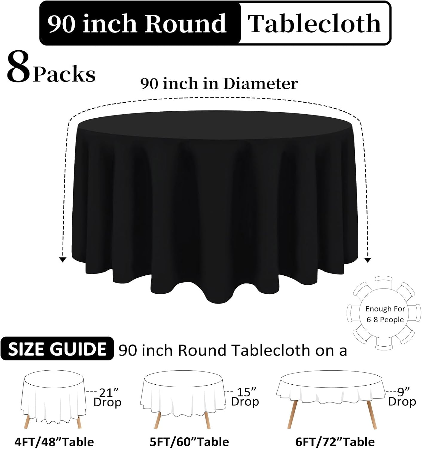 Detalle de Heneger 90 Inch Black Round Tablecloths (8 Packs) – Durable Polyester, Wrinkle-Resistant, 90" Diameter for 6ft/5ft Rounds