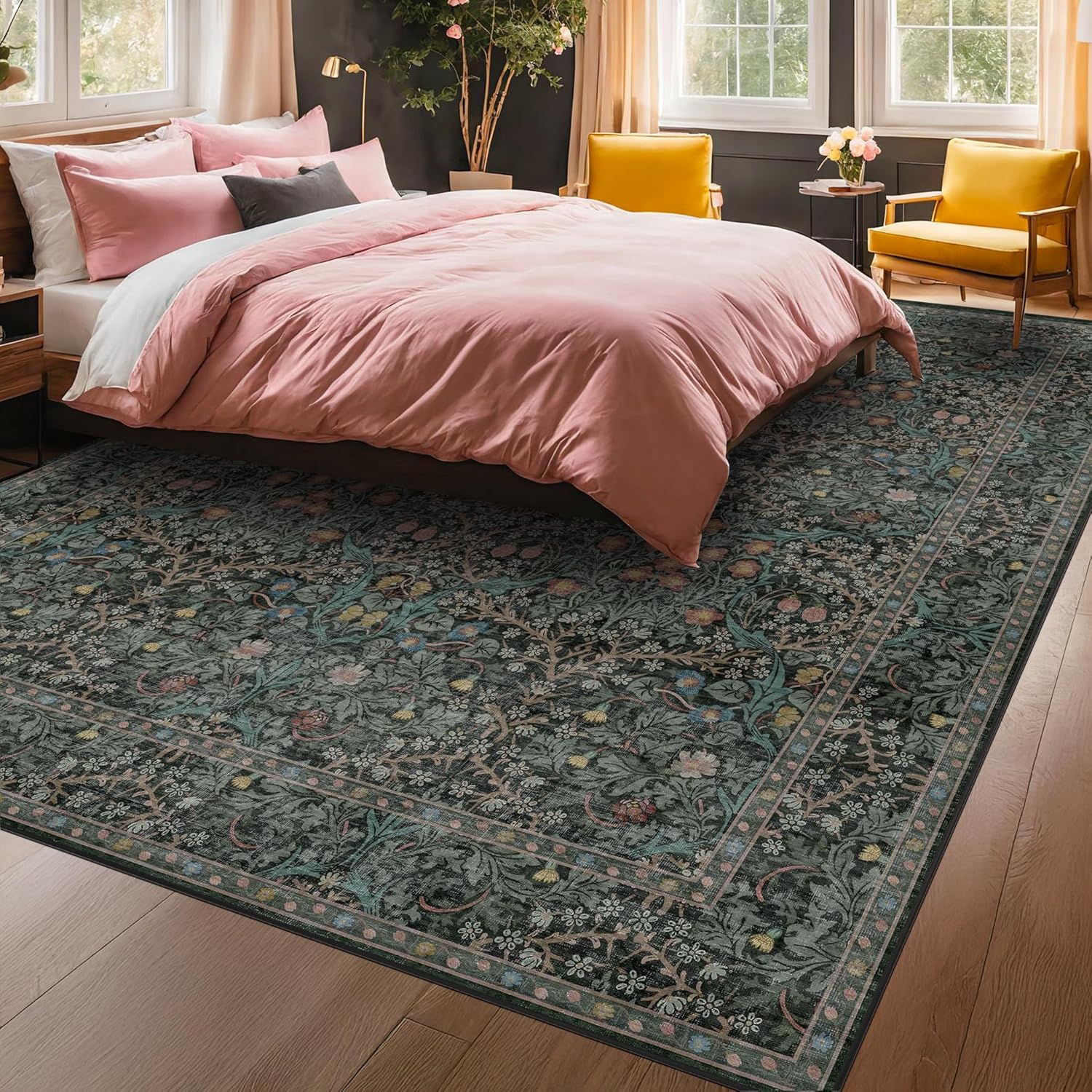 Thumbnail 5 de Hazo Haus Large Living Room Rug - Vintage Floral Green (8 x 12)