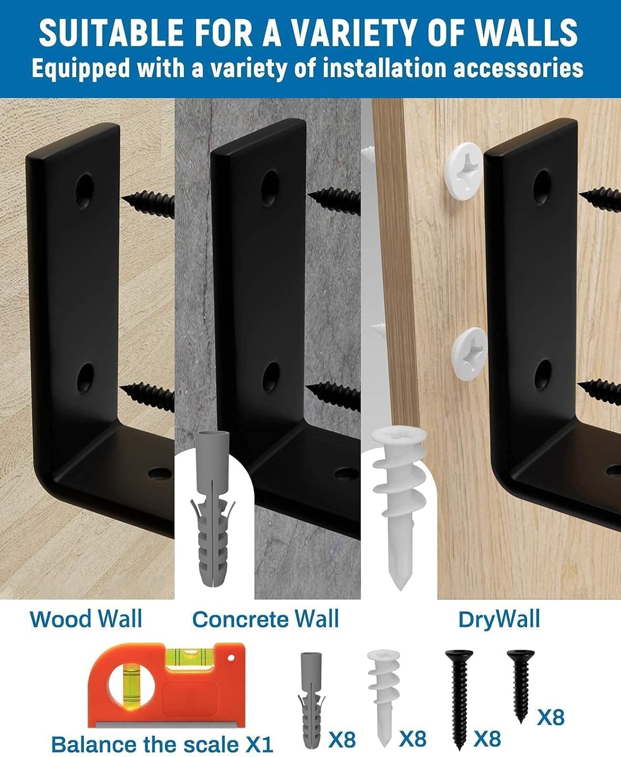 Detalle 2 de LEOPO 725-4 Shelf Brackets, 4-Pack, 7.25-Inch Black Powder-Coated J Supports