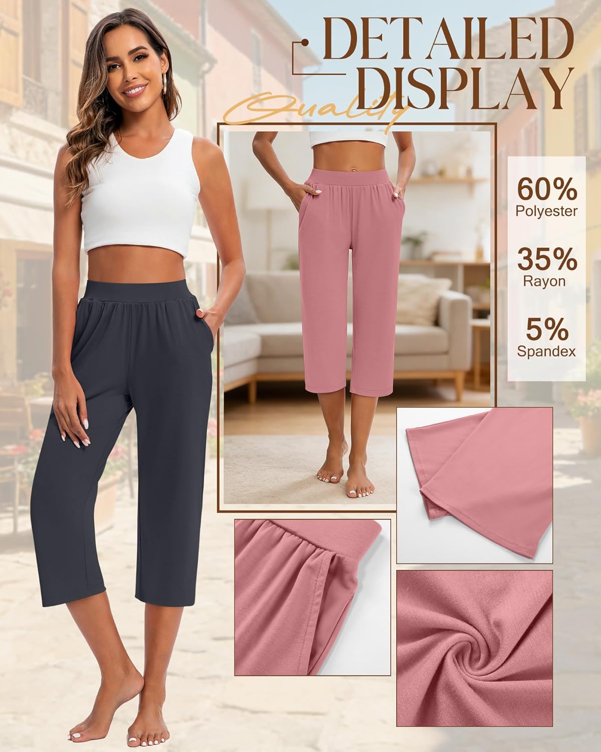 Detalle de Huukeay 3 Pack Women's Capri Sweatpants: Cozy Wide-Leg Cropped Capris with Pockets