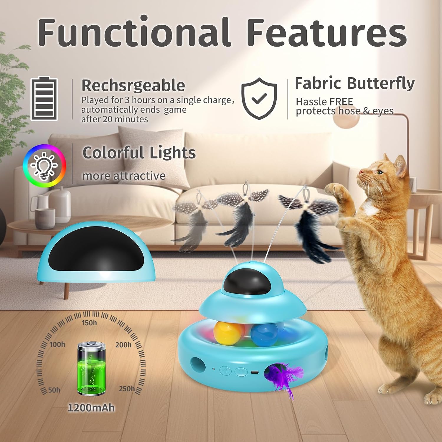 Detalle de MOHAYA MHY88 4-in-1 Automatic Cat Toy with Butterfly, Feathers and Track Balls