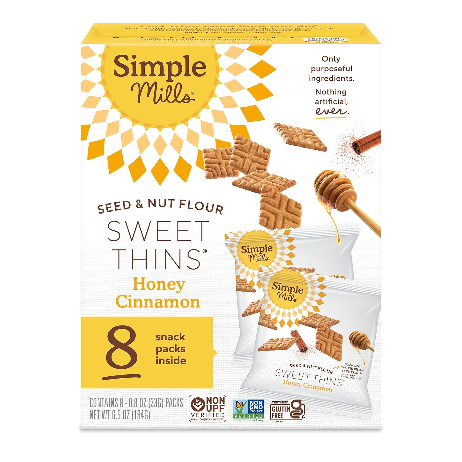 Detalle de Simple Mills 0810021672007 Sweet Thins Honey Cinnamon Snack Packs, Gluten-Free, 8 Count