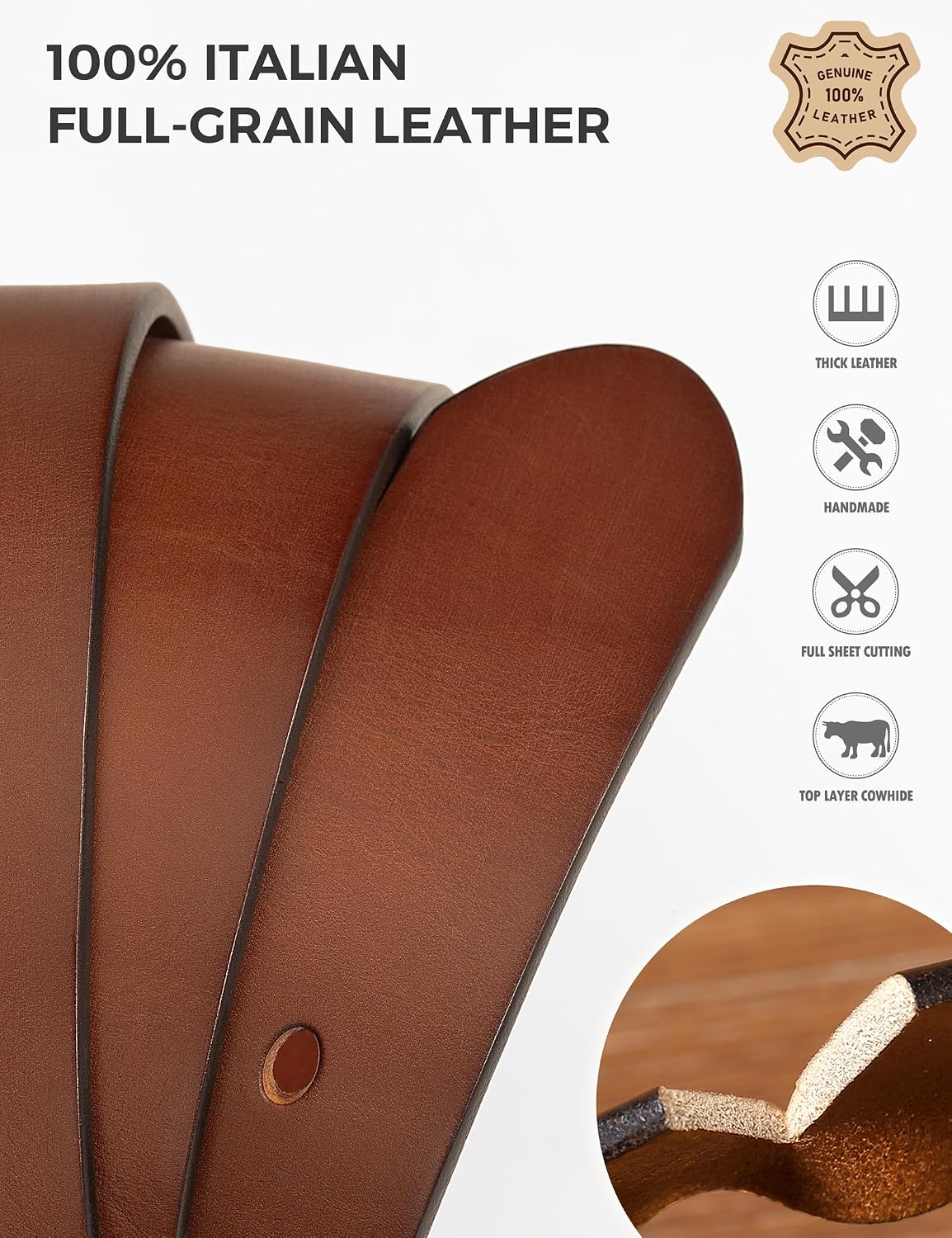 Detalle de wolksprong Full-Grain Leather Work Belt, 4mm Thick with Solid Brass Buckle