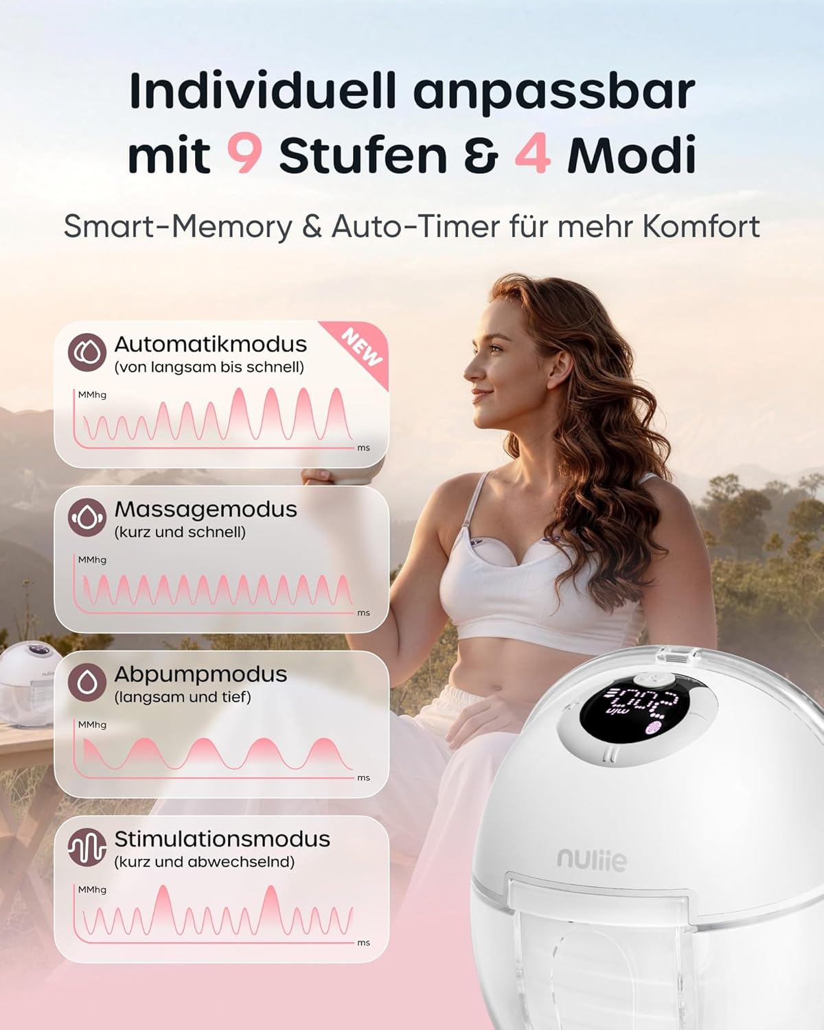 Thumbnail 3 de Nuliie Milchpumpe elektrisch tragbar S32 – freihändig mit 4 Modi und 9 Stufen, 13/15/17/19/21/24 mm Komfort-Flansch