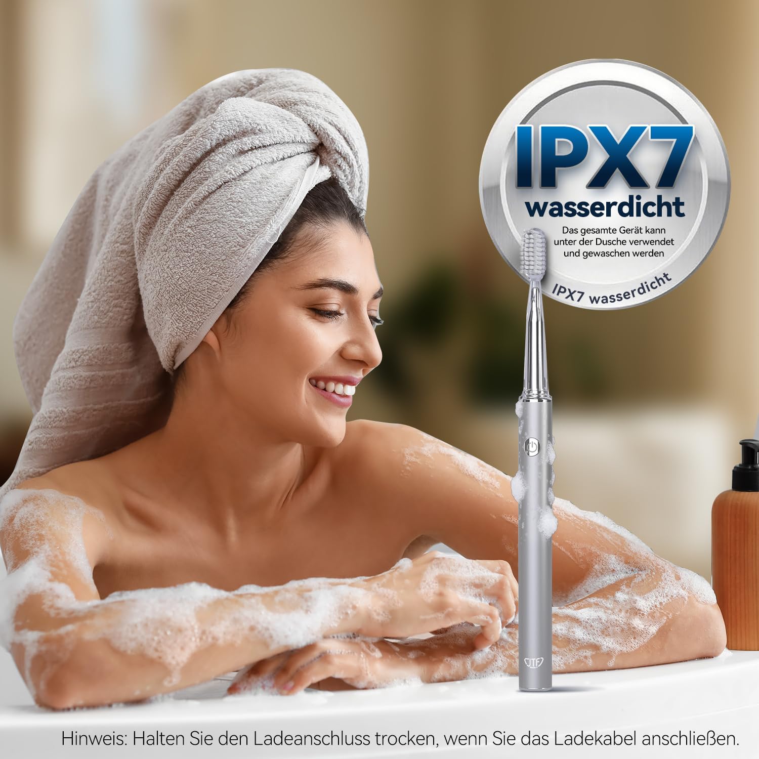 Thumbnail 6 de JTF Elektrische Schallzahnbürste mit Zungenreiniger, 6 Bürstenköpfen, 3 Modi & 40.000 VPM (Silber)