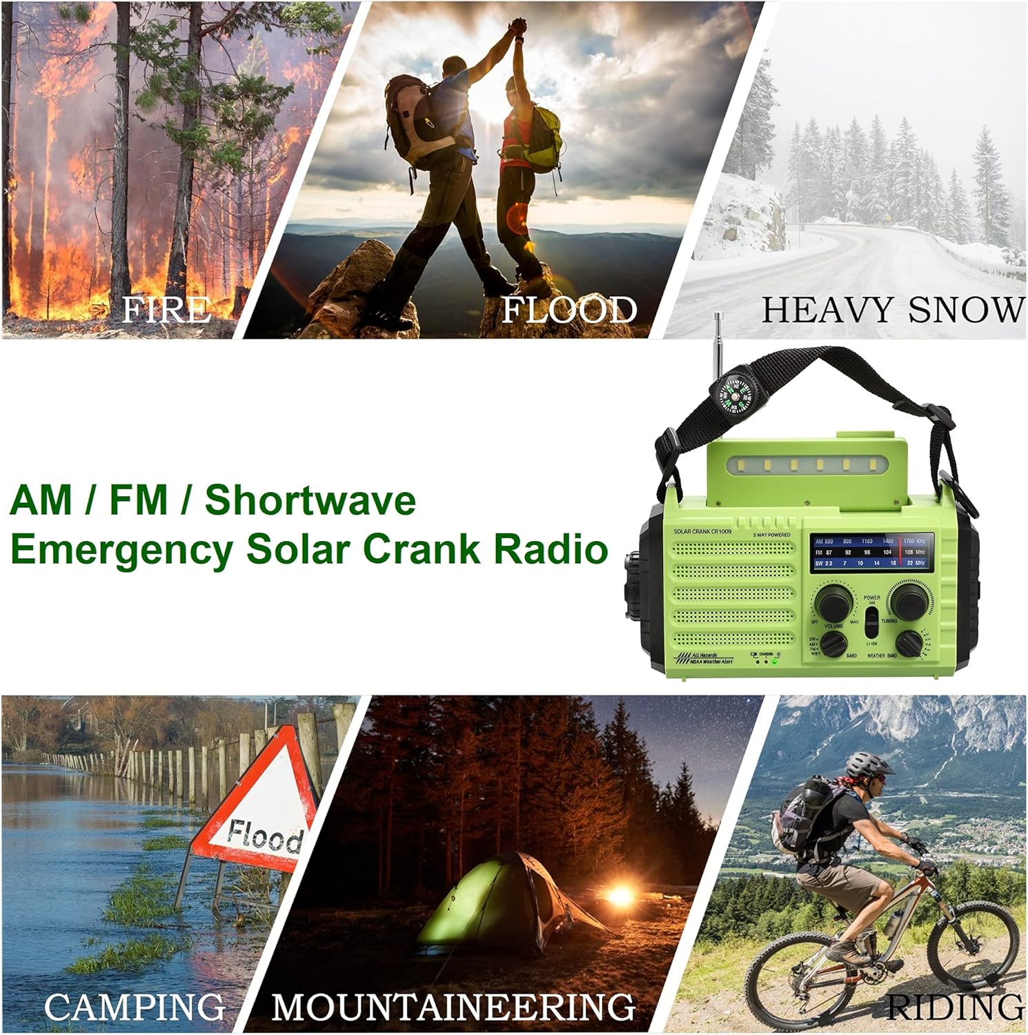 Thumbnail 2 de Radio d’urgence à manivelle et solaire avec AM/FM & météo NOAA, alarme SOS et boussole