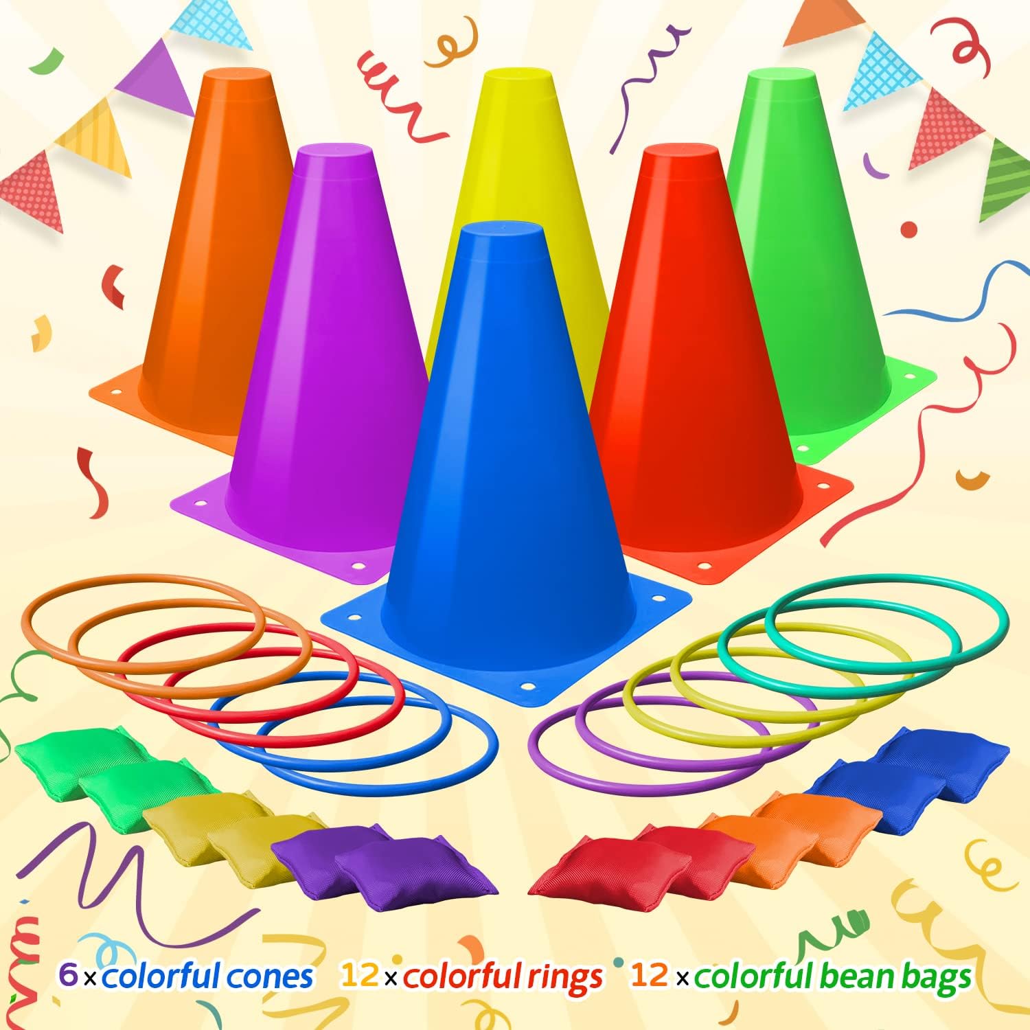 Detalle 2 de Eocolz 3 in 1 Carnival Games Set: 6 Cones, 12 Rings, 12 Bean Bags for Indoor/Outdoor Fun