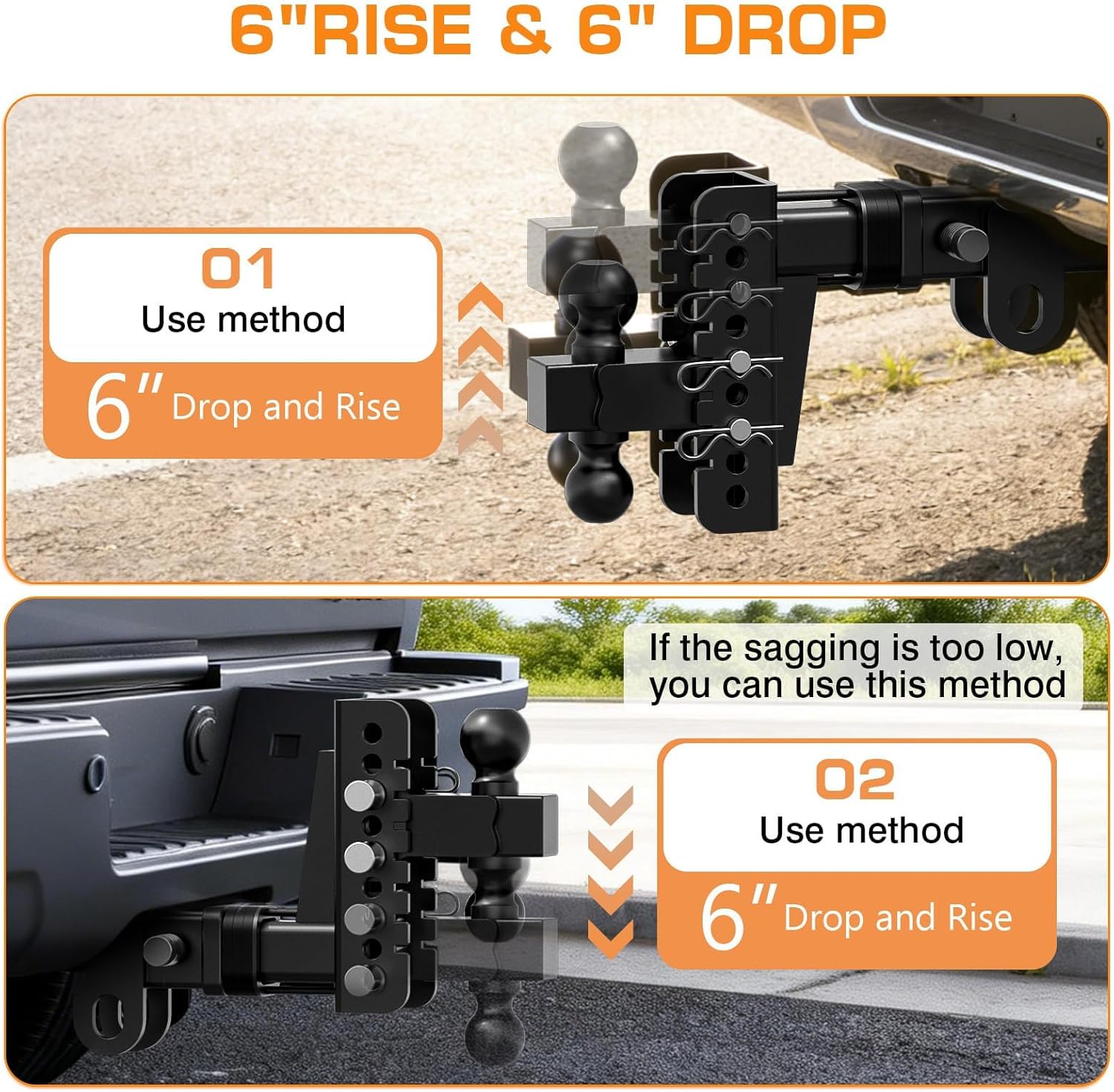 Thumbnail 2 de Vullteeon Adjustable Trailer Hitch (2-inch Receiver, 6-inch Drop/Rise) with Anti-Rattle Slot-Fit and 2-5/16" Ball