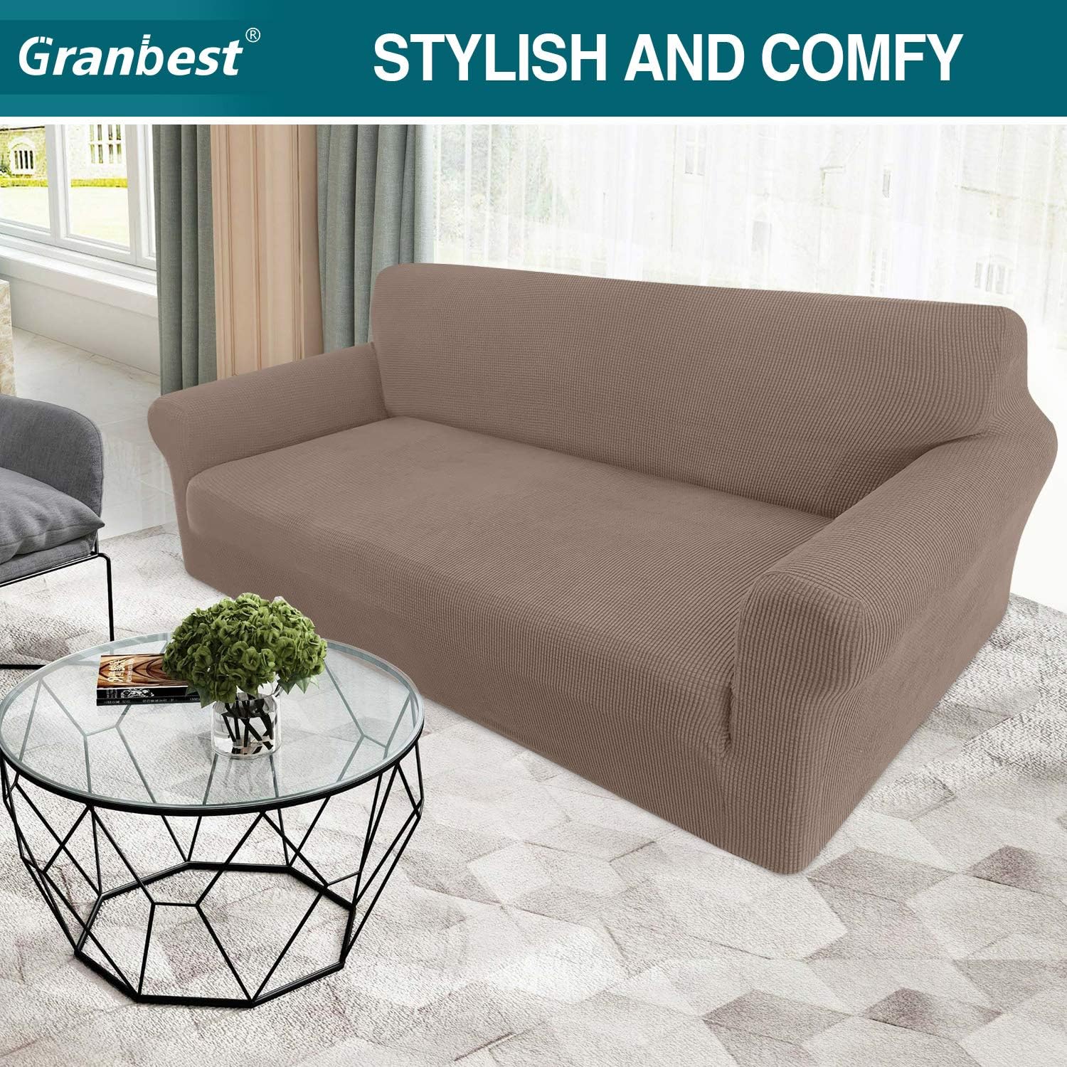 Detalle 2 de Granbest High Stretch 3 Seater Sofa Covers (Sand) – non-slip, super soft jacquard spandex slipcover