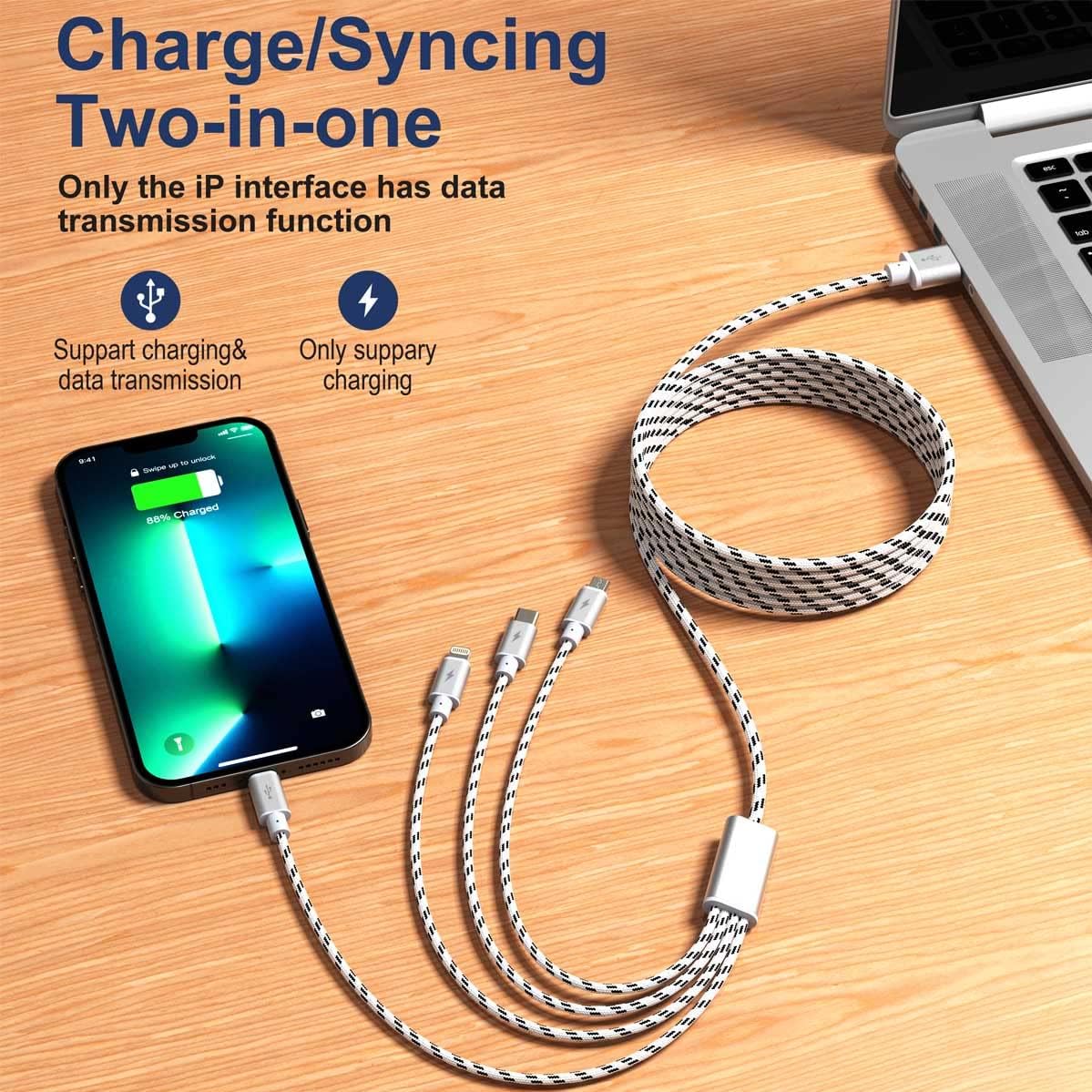 Detalle 2 de 10ft 4-in-1 Multi Charging Cable (2-Pack) — 2 Pack, 10ft Each, USB-C/Lightning/Micro USB for All Your Devices