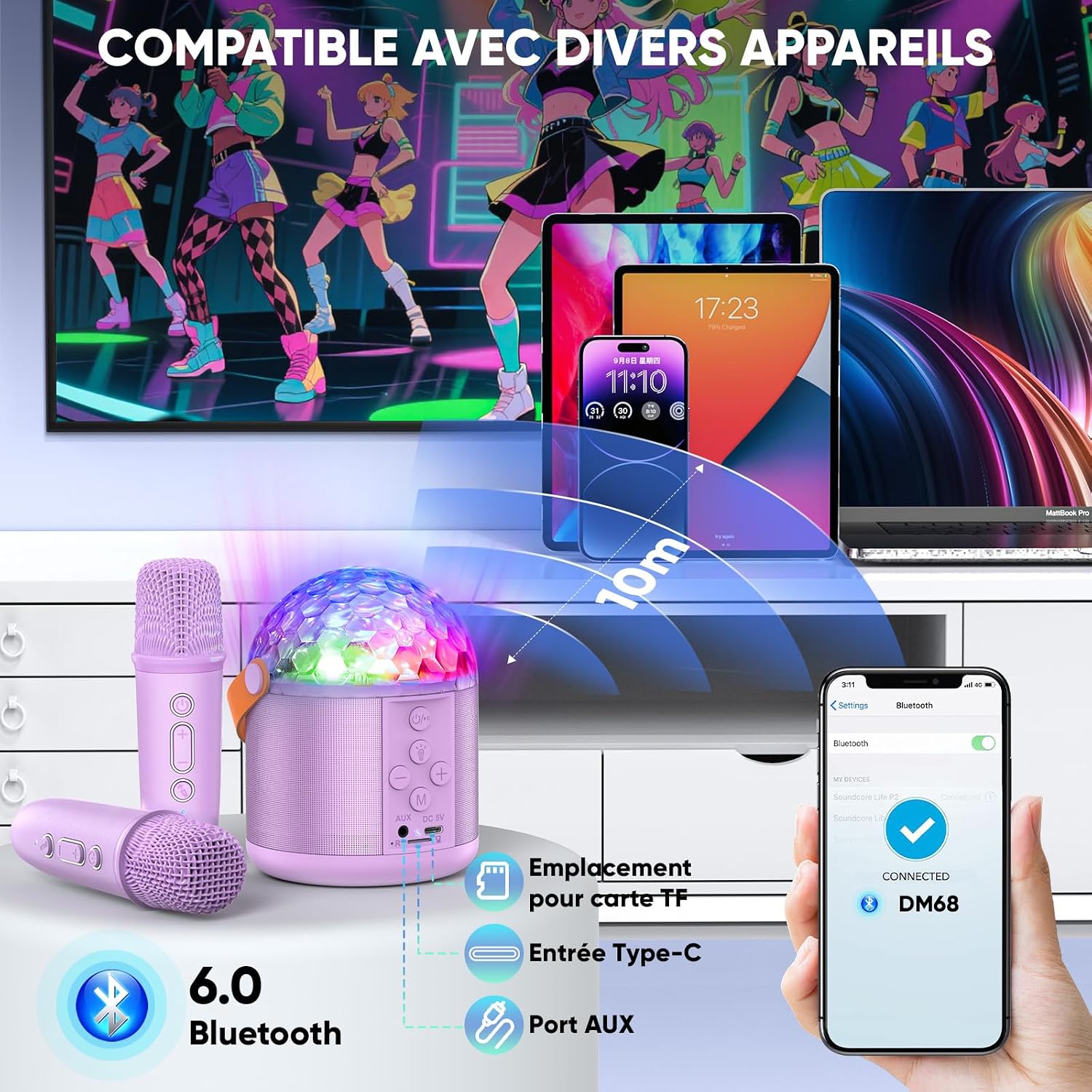 Detalle de Micro Karaoke Dislocati avec lumières LED disco, Bluetooth 6.0 et 2 micros sans fil