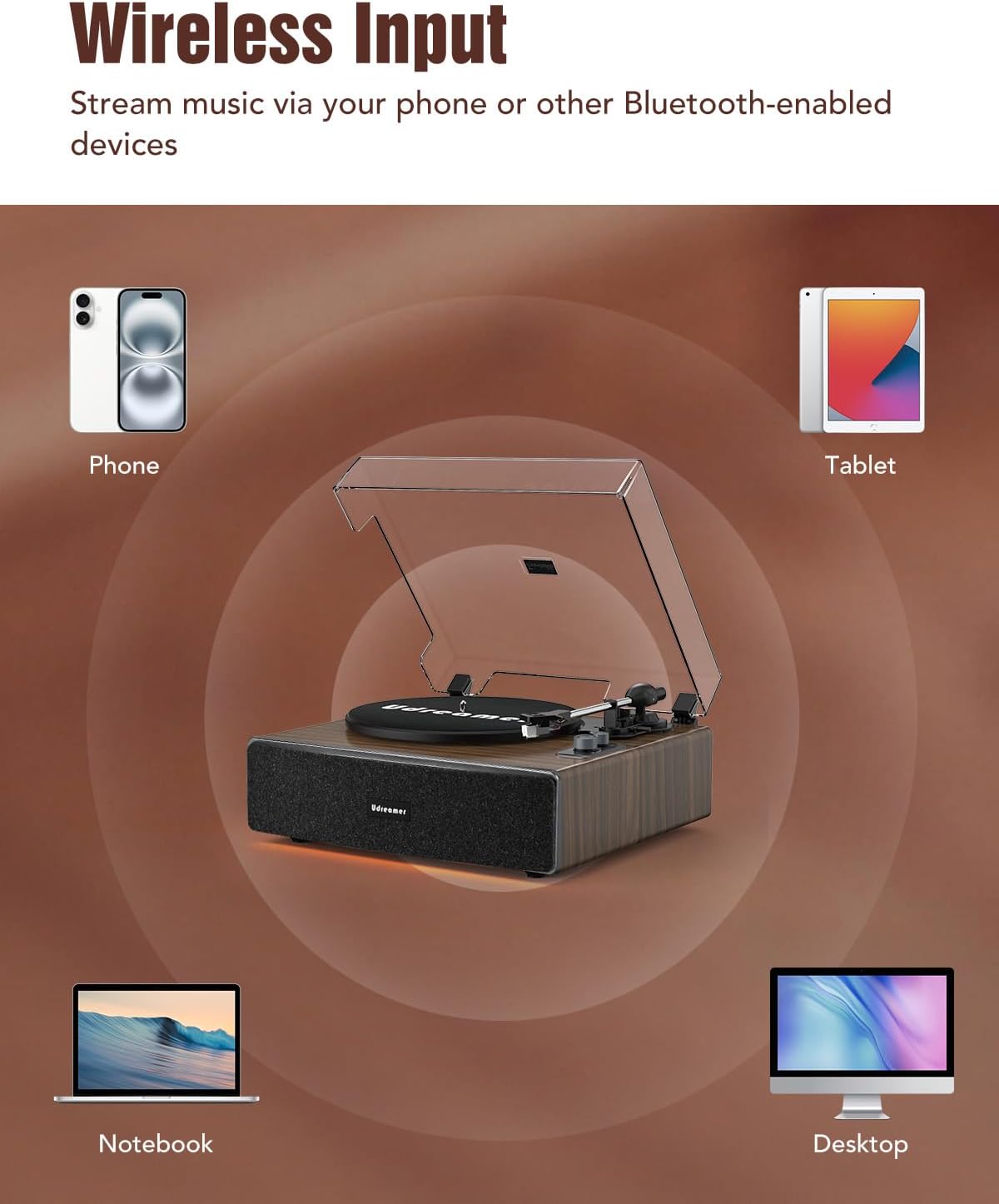 Detalle 2 de Udreamer Vinyl Record Player, AT-3600L, Bluetooth, Built-In Speakers & Lighting