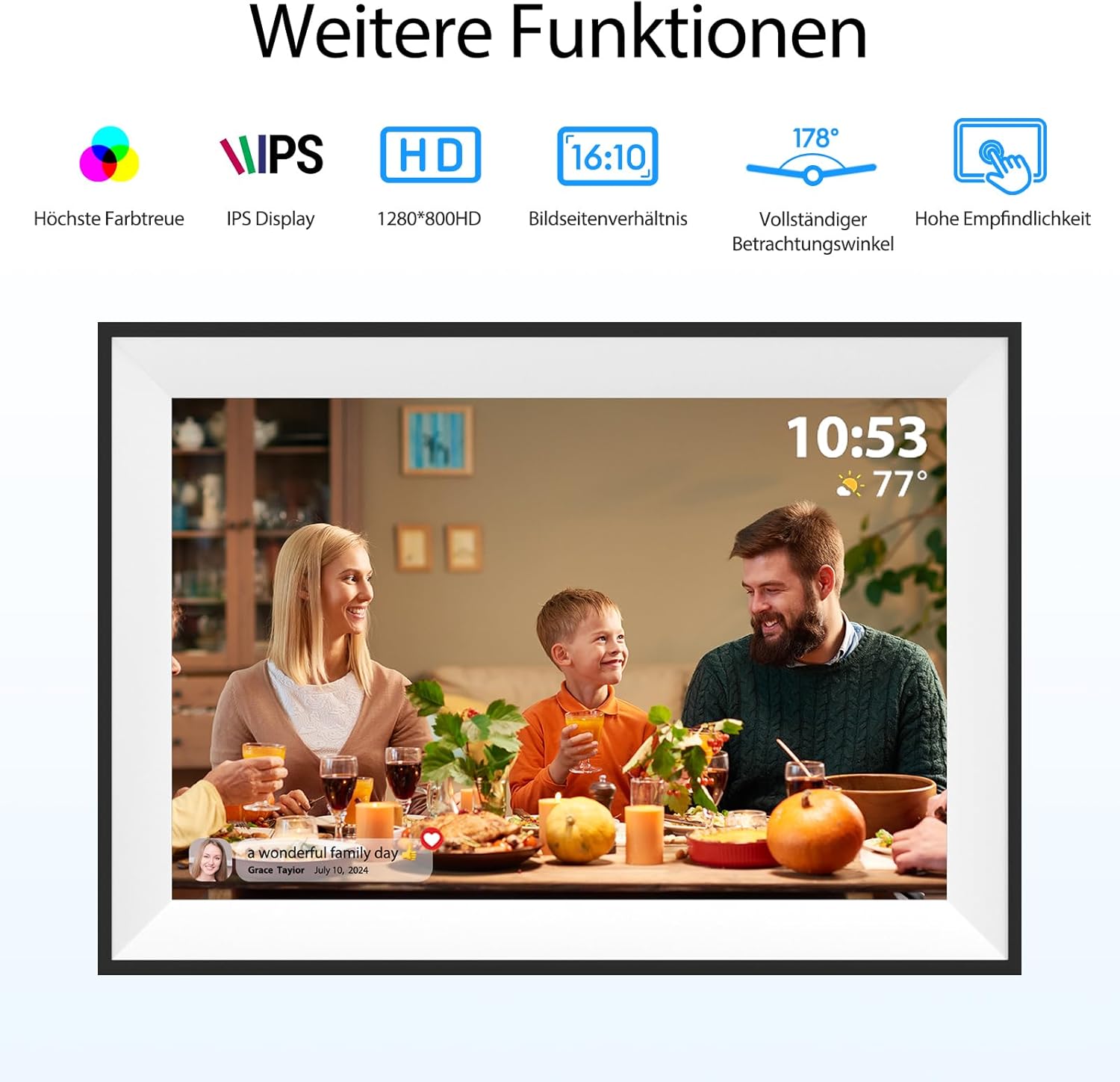 Detalle de Frameo Digitaler Bilderrahmen WLAN 10,1 Zoll – 32 GB, 1280x800 IPS Touchscreen, automatische Drehung, Wandmontage, App-Sharing