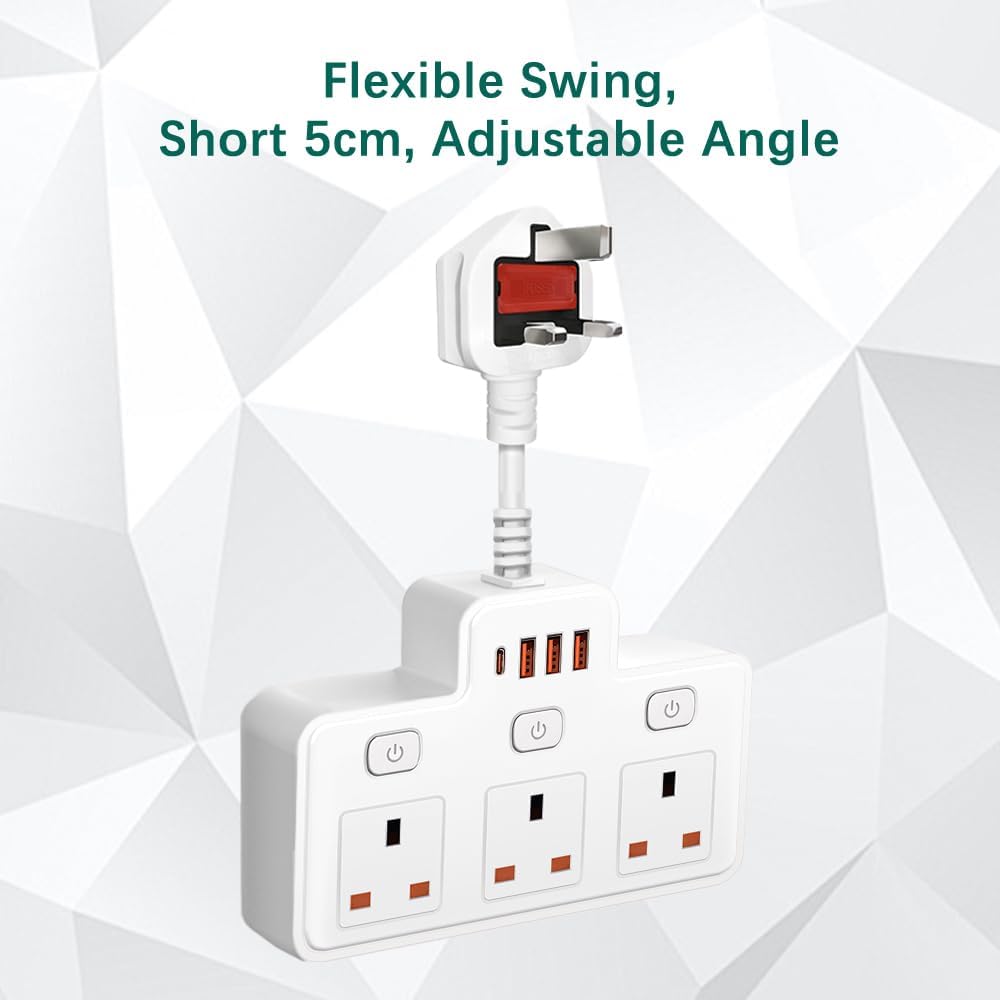 Detalle de Multi Plug Extension with Flexible Plug (3 Way, 3 USB, Individual Switched, Black)