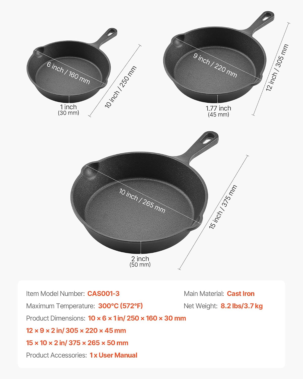 Thumbnail 6 de VEVOR Cast Iron Skillet Set, 3-Piece
