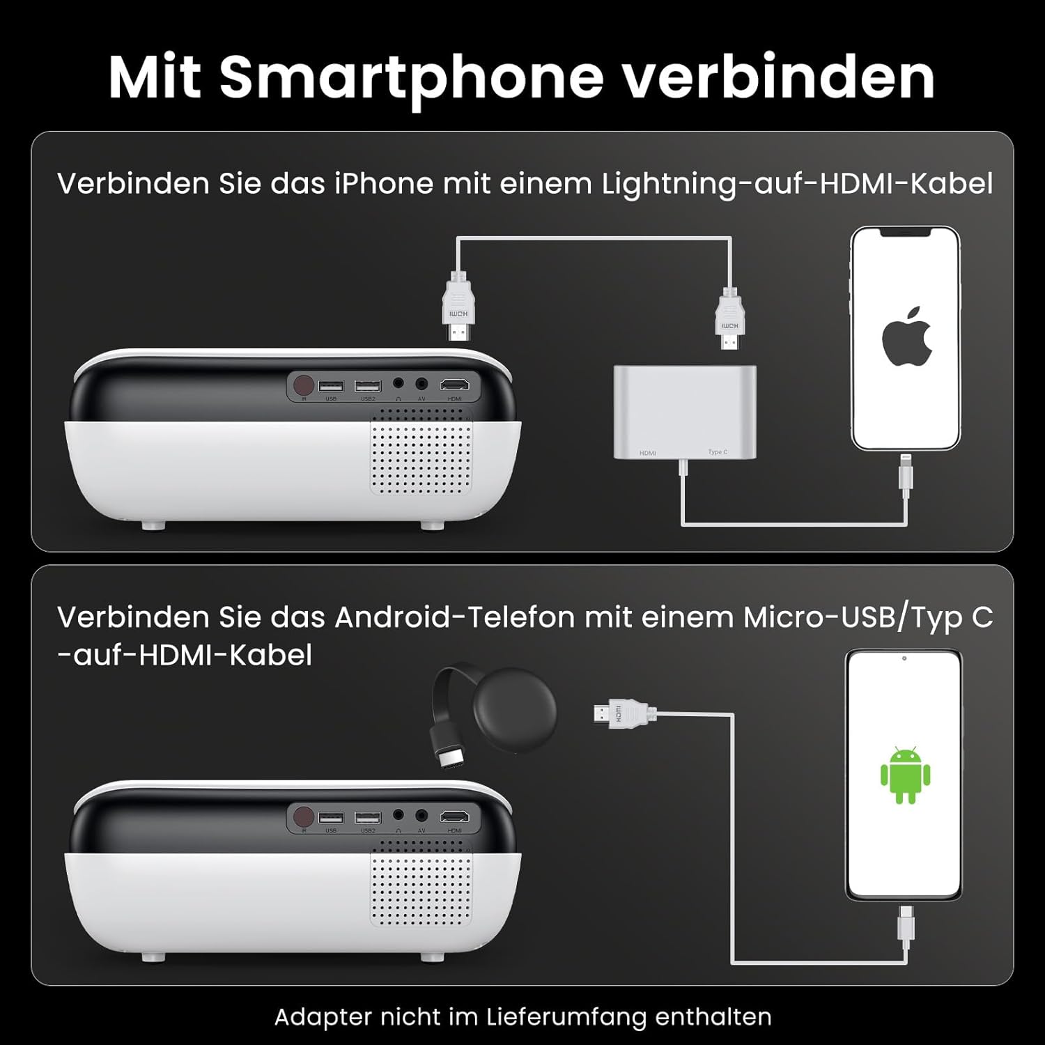 Thumbnail 6 de HAPPRUN H1 Mini Beamer 4K (Full HD 1080p) mit Bluetooth, Lautsprecher und vielseitigen Anschlüssen