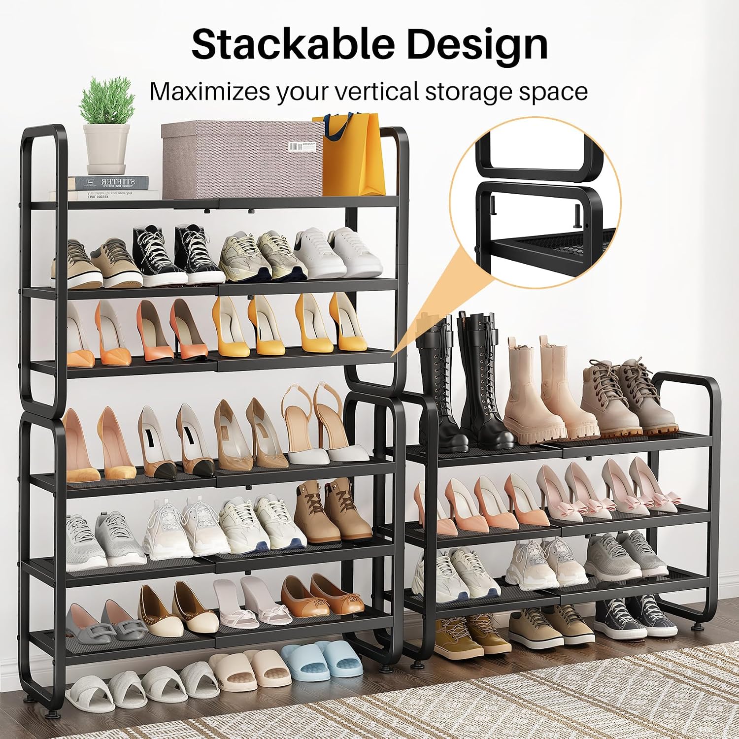 Detalle de SNTD SN-NM-SR-BK-3T-HXJ Expandable Metal Shoe Rack, 3-Tier, Black Mesh