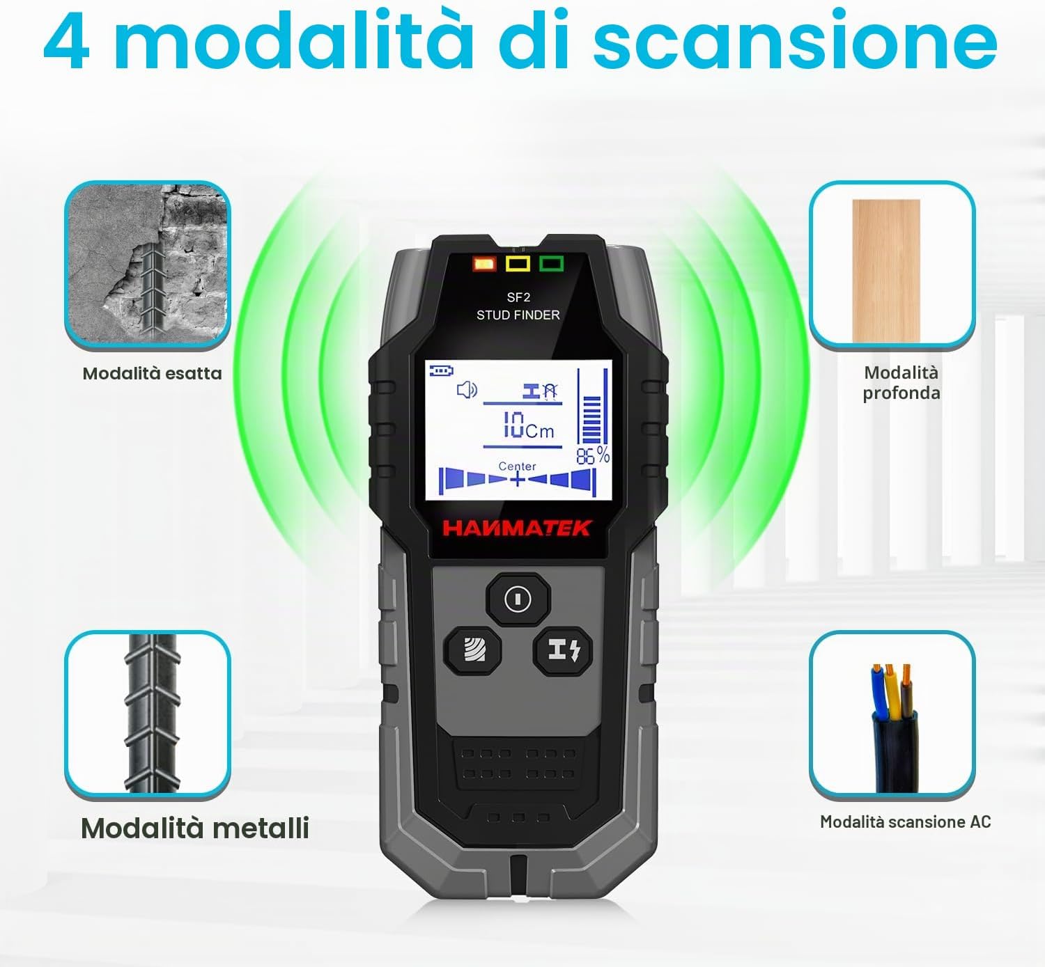 Detalle 2 de Rilevatore 4 in 1 SF2: Scanner da parete con LCD per metallo, legno, cavi e magnetismo