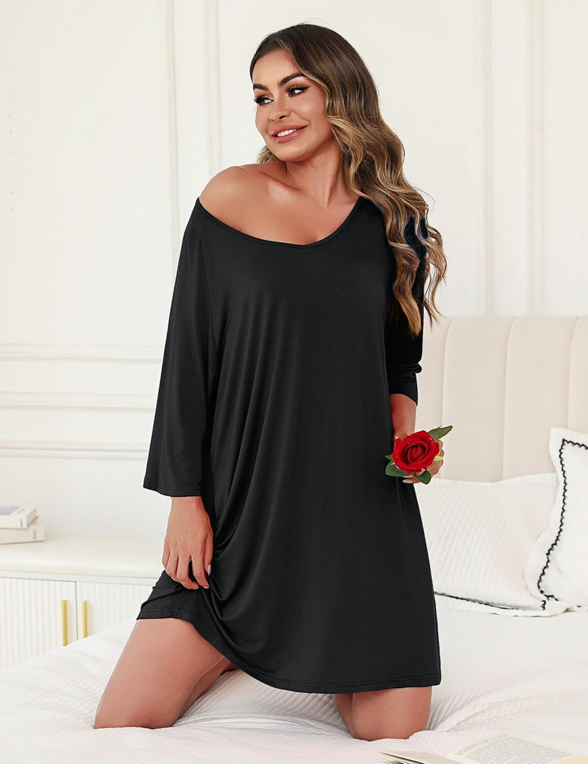 Thumbnail 2 de Bresdk Chemise de nuit femme manches 3/4 en coton modal et élasthanne (jusqu’au 4XL)
