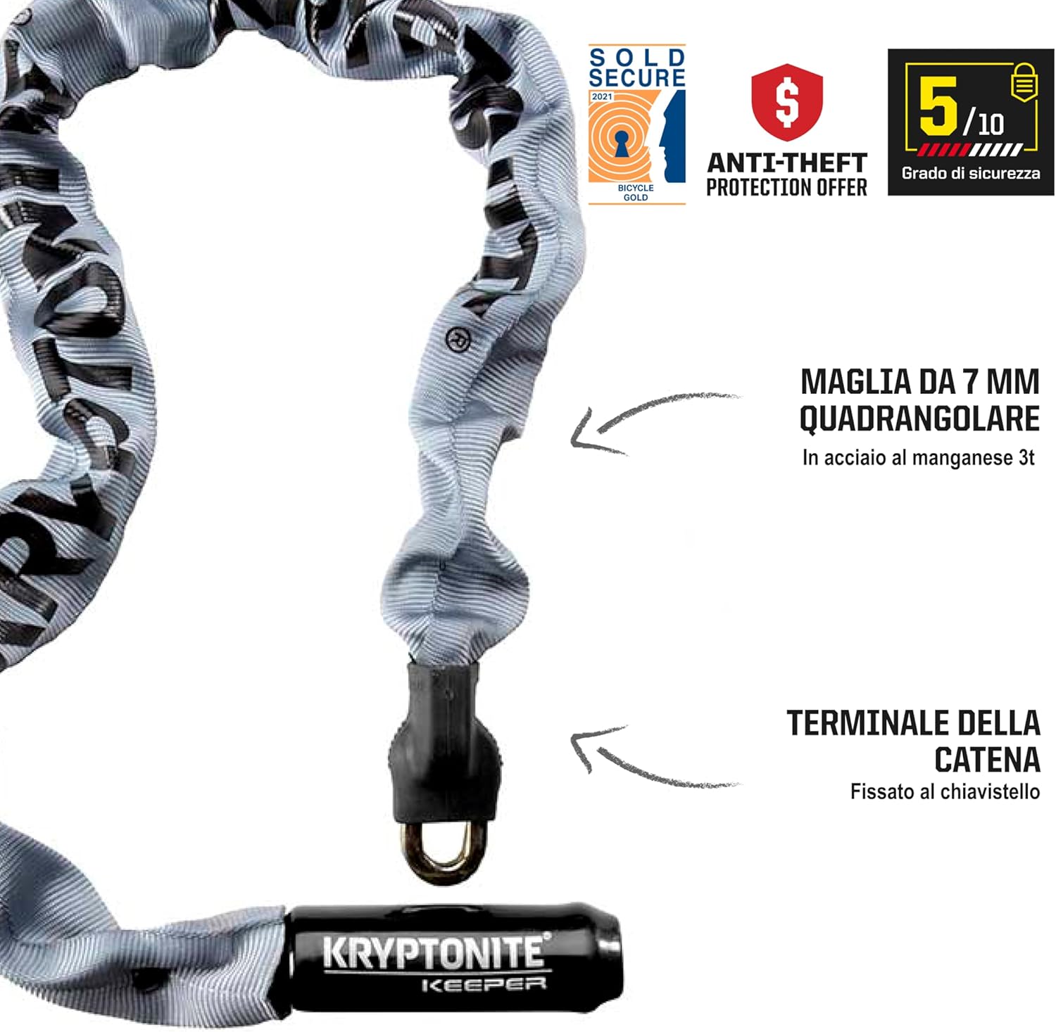 Thumbnail 1 de Kryptonite Keeper 785 catena antifurto integrata per bici (livello sicurezza 5/10) grigia da 85 cm