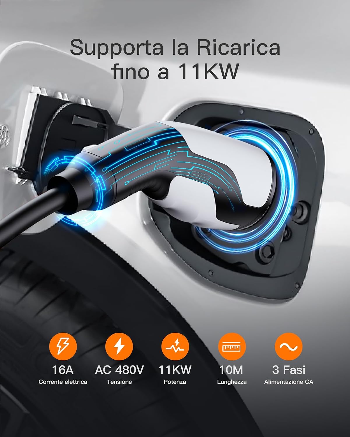 Detalle de tomons Cavo di Ricarica Rapida Tipo 2–Tipo 2, 11 kW, 5 m (IP55) – Compatibile con molti EV