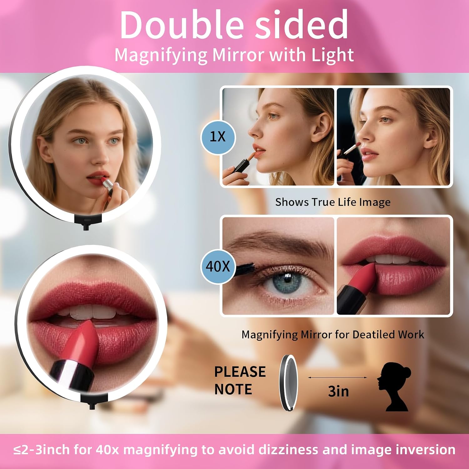 Thumbnail 1 de Magnifying Mirror with Light 40X/1X Double-Sided Travel Makeup Mirror (6-inch, Rechargeable, 3-Color Dimming)
