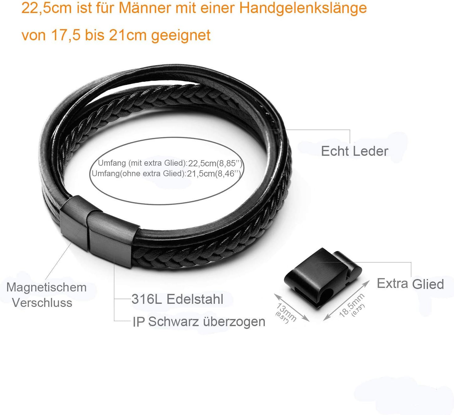 Detalle de murtoo Herren Armband Edelstahl Echtleder mit Naturstein – Magnetverschluss, geflochtenes Naturlederarmband