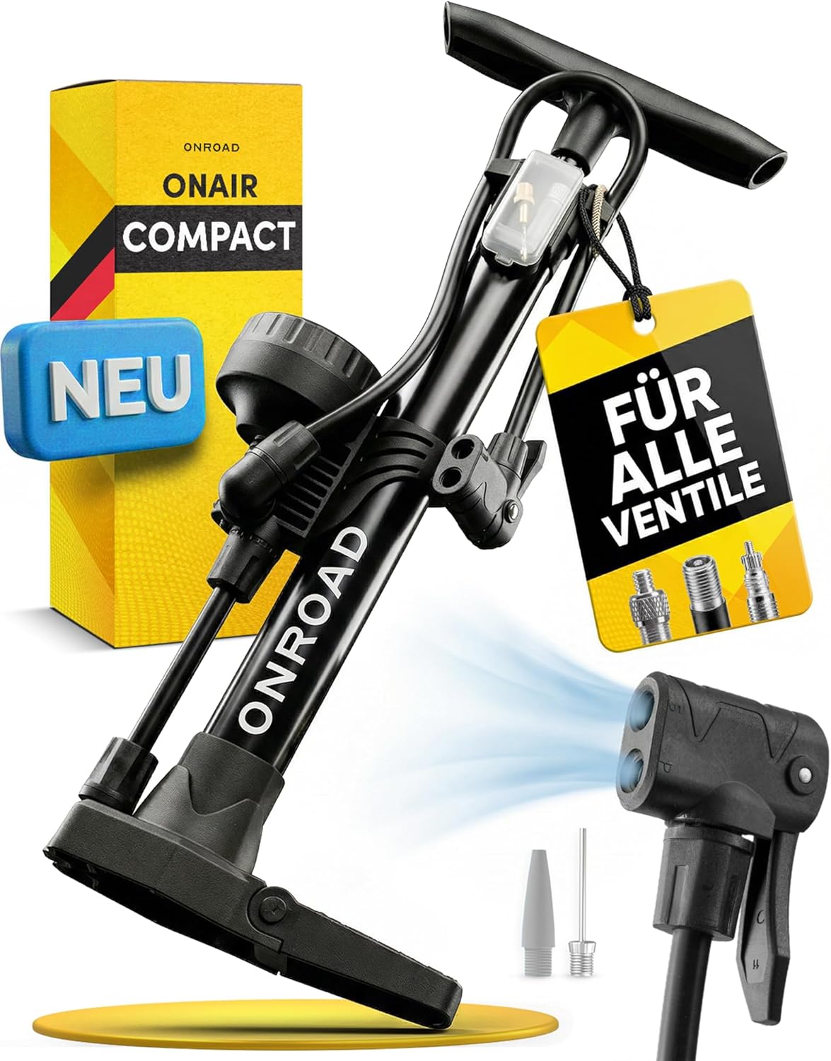 Detalle de ON‑AIR Fahrradpumpe für alle Ventile (Presta/SV, AV, DV) – Standluftpumpe mit großem Manometer, Adapter & Ballnadel