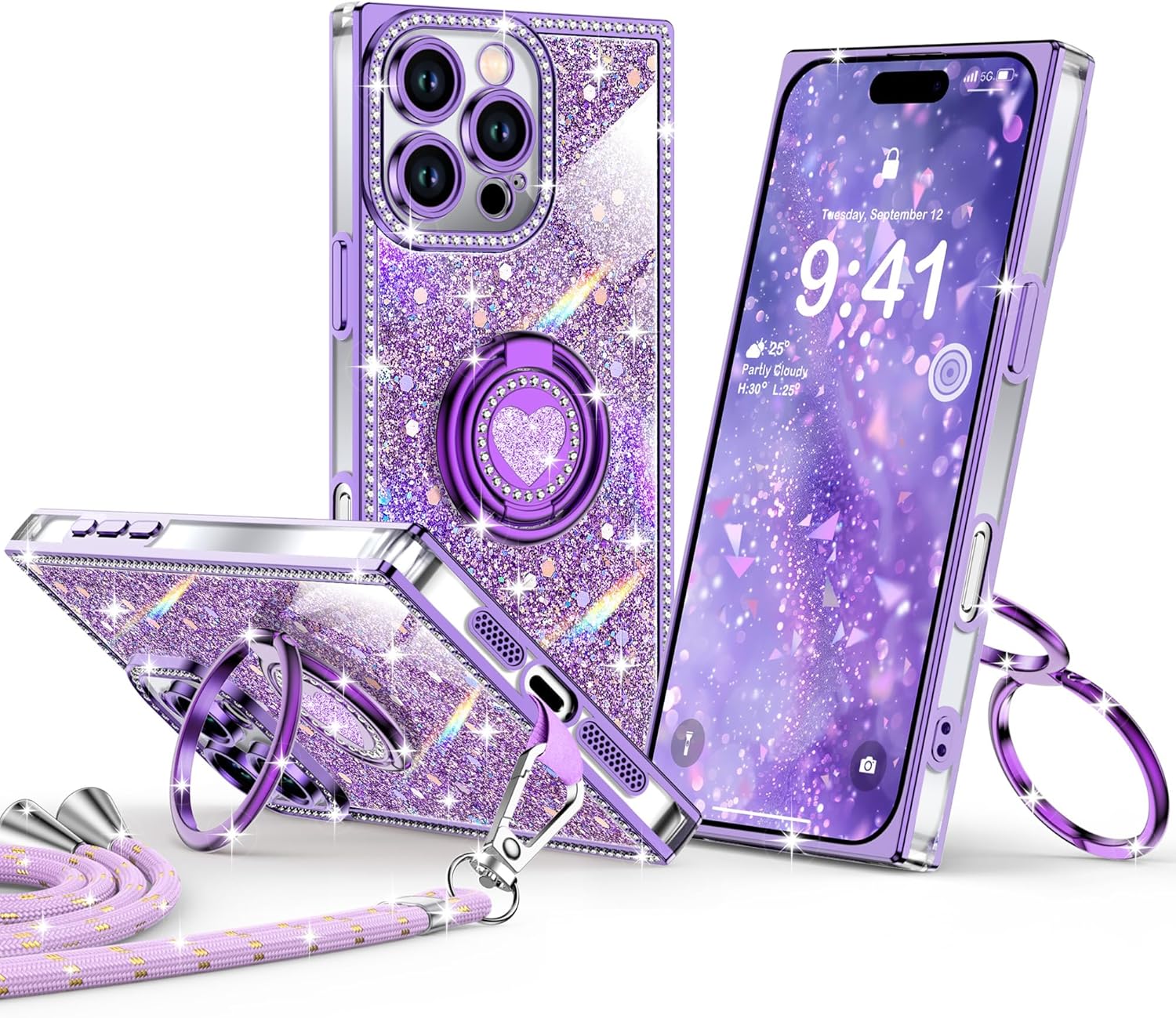 Thumbnail 6 de XYZ for iPhone 17 Case with Glitter Bling, 2-Way Ring Stand & Lanyard — Purple