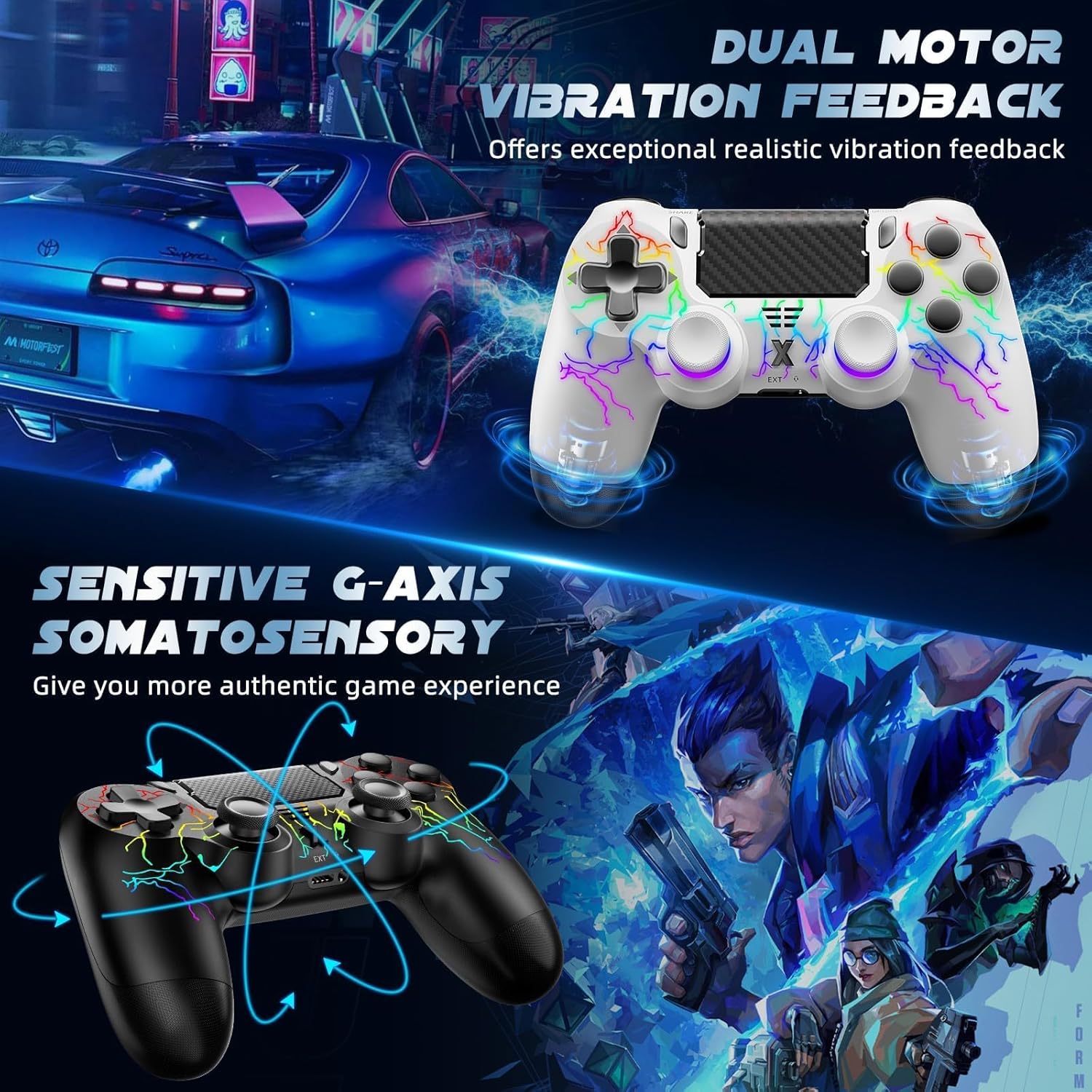 Detalle de Glitfix Wireless Controller for PS-4 (PS-4, Slim, Pro) and PC — Dual Vibration, 6-Axis, RGB LED