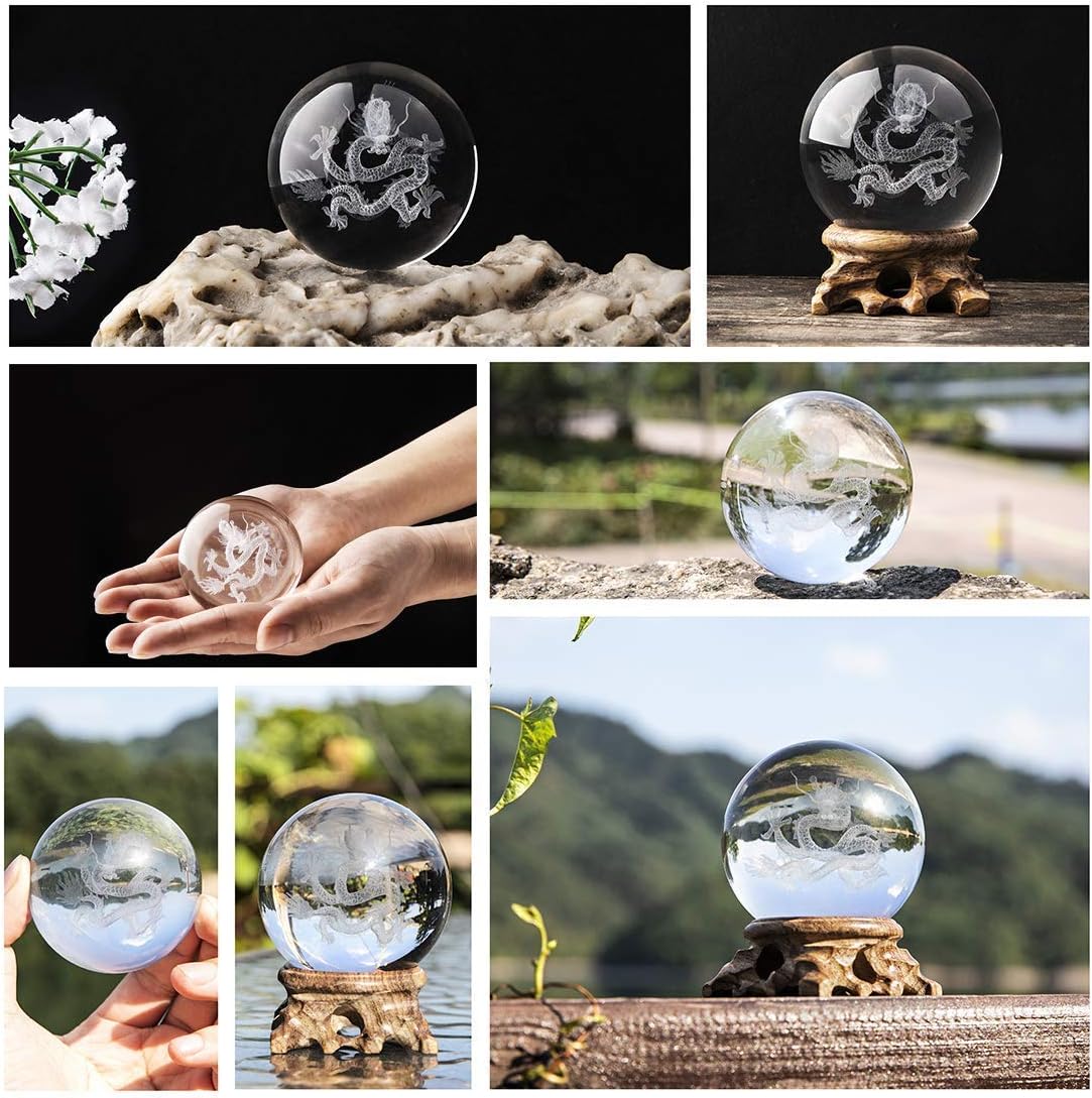 Thumbnail 4 de HDCRYSTALGIFTS 60mm 3D Dragon Crystal Ball Figurine (Glass Sphere with Wooden Stand) – Decorative Paperweight Gift