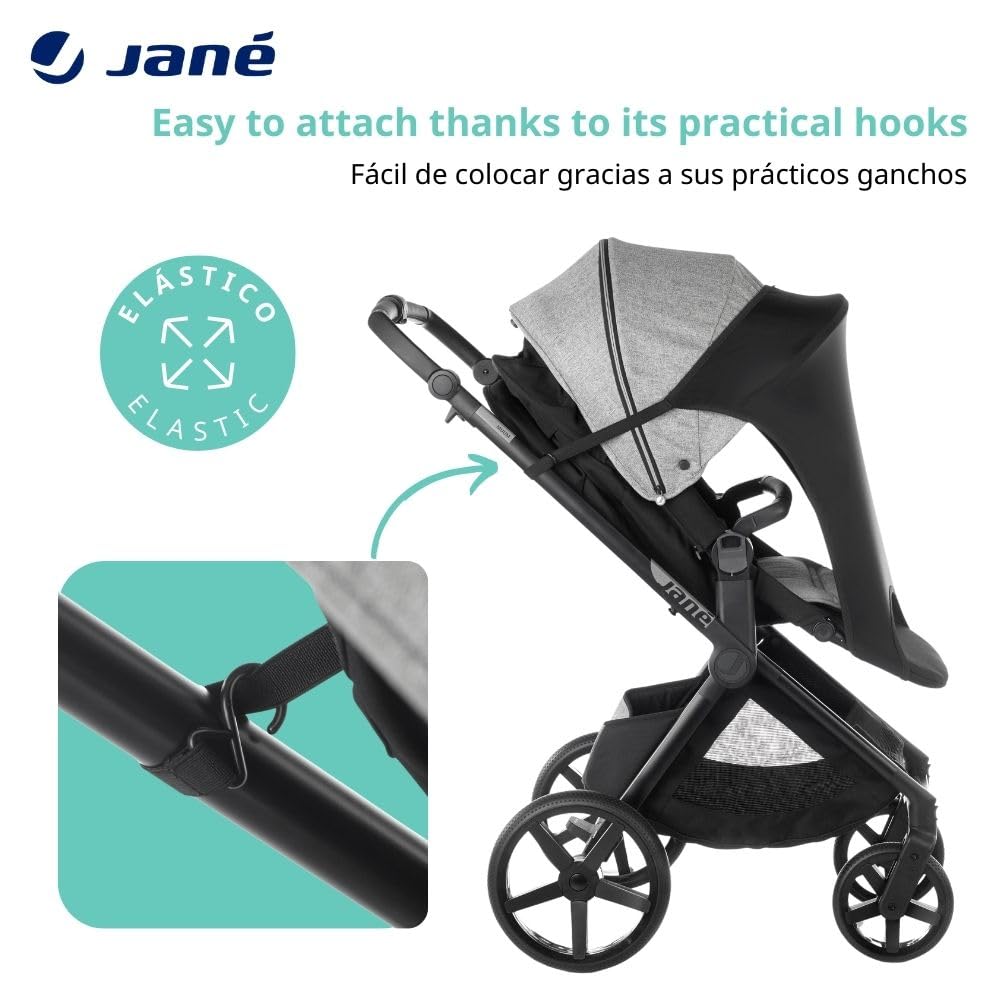 Detalle de Jané Sonnenschutz für Kinderwagen UPF 50+ – Universal elastisch, atmungsaktiv, UV-Schutz für Buggy und Babywanne (Schwarz)